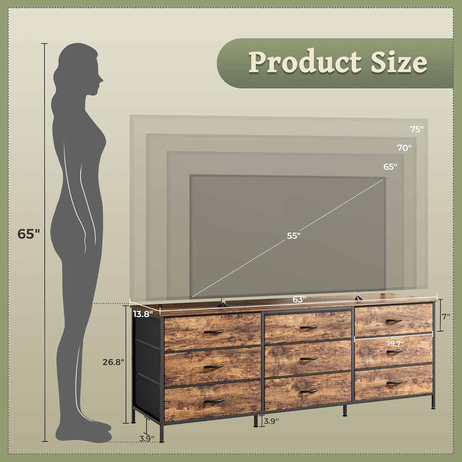 Alternative view of Huuger 63 Inch Dresser for Bedroom, Dresser for Closet with 9 Drawers, Large TV Stand for 55, 65, 70 Inch TV, Entertainment Center with Storage, Wide Long Chest of Drawers, Rustic Brown
