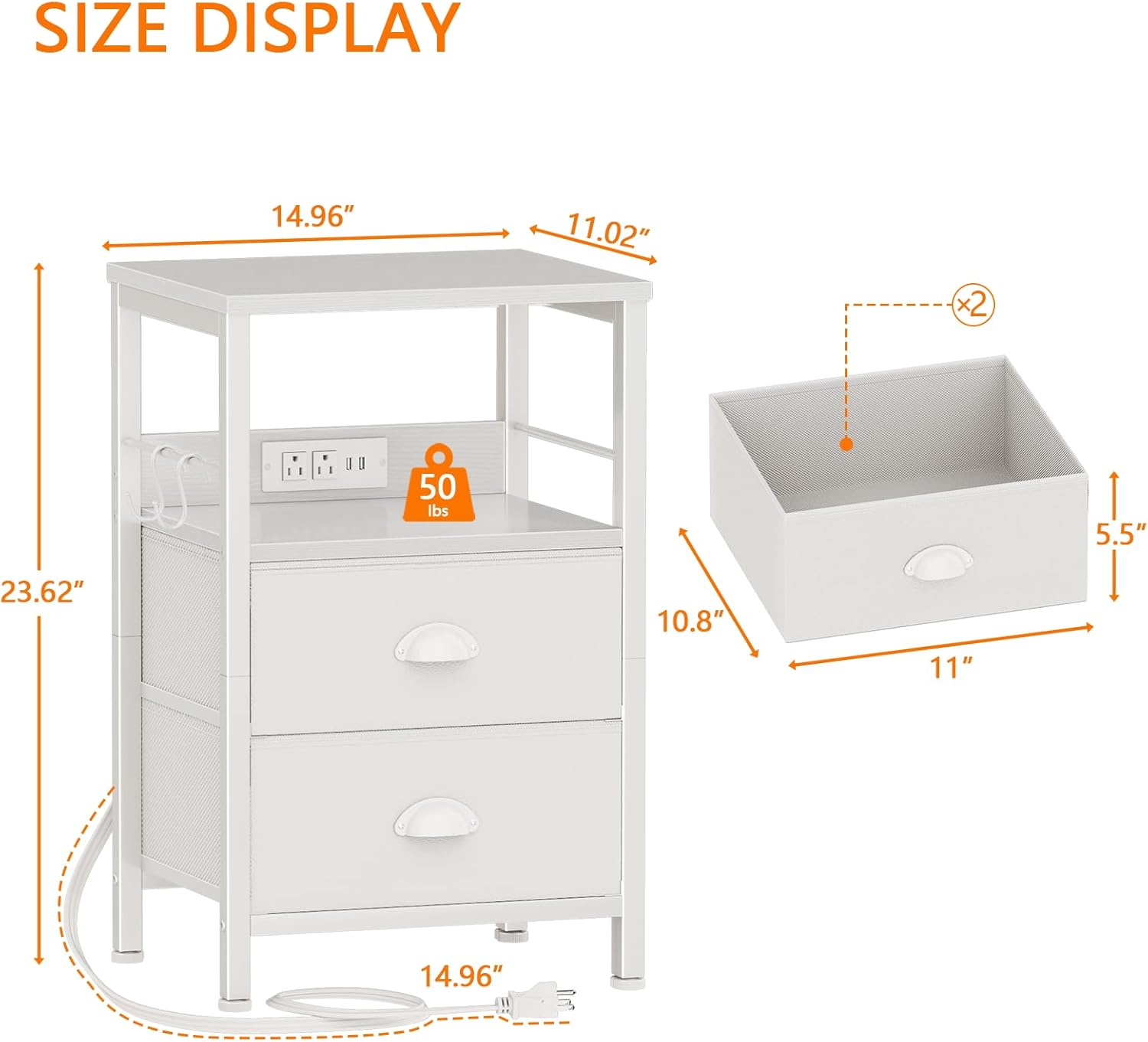 Alternative view of Furologee End Table with Charging Station, Nightstand with Fabric Drawers, Side Tables with USB Ports & Outlets, Night Stand with Storage Shelf & Hooks, for Living Room/Bedroom, White
