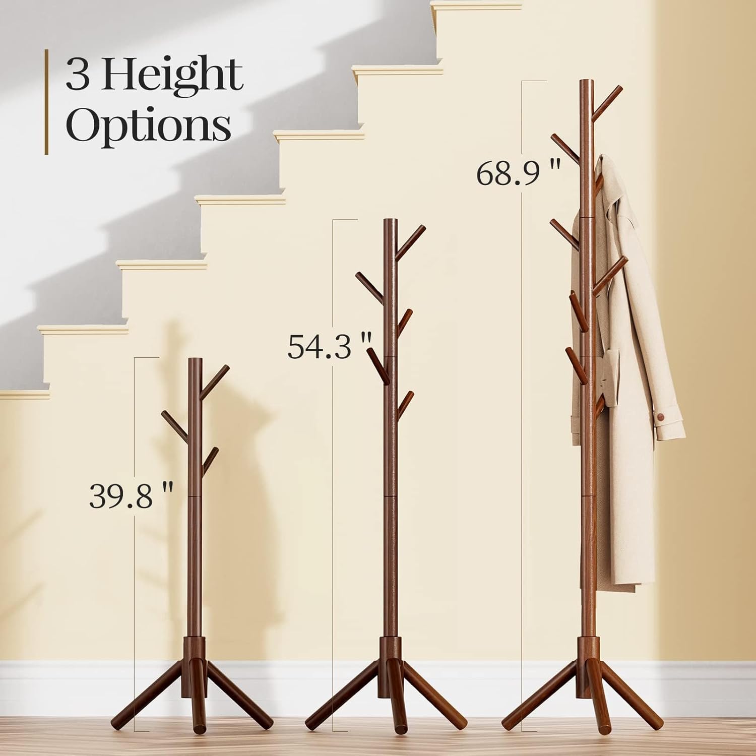 Alternative view of Pipishell Sturdy Wooden Coat Tree with 8 Hooks, 3 Adjustable Sizes for Clothes, Hat Stand Used in Bedroom/Office/Entryway, Brown