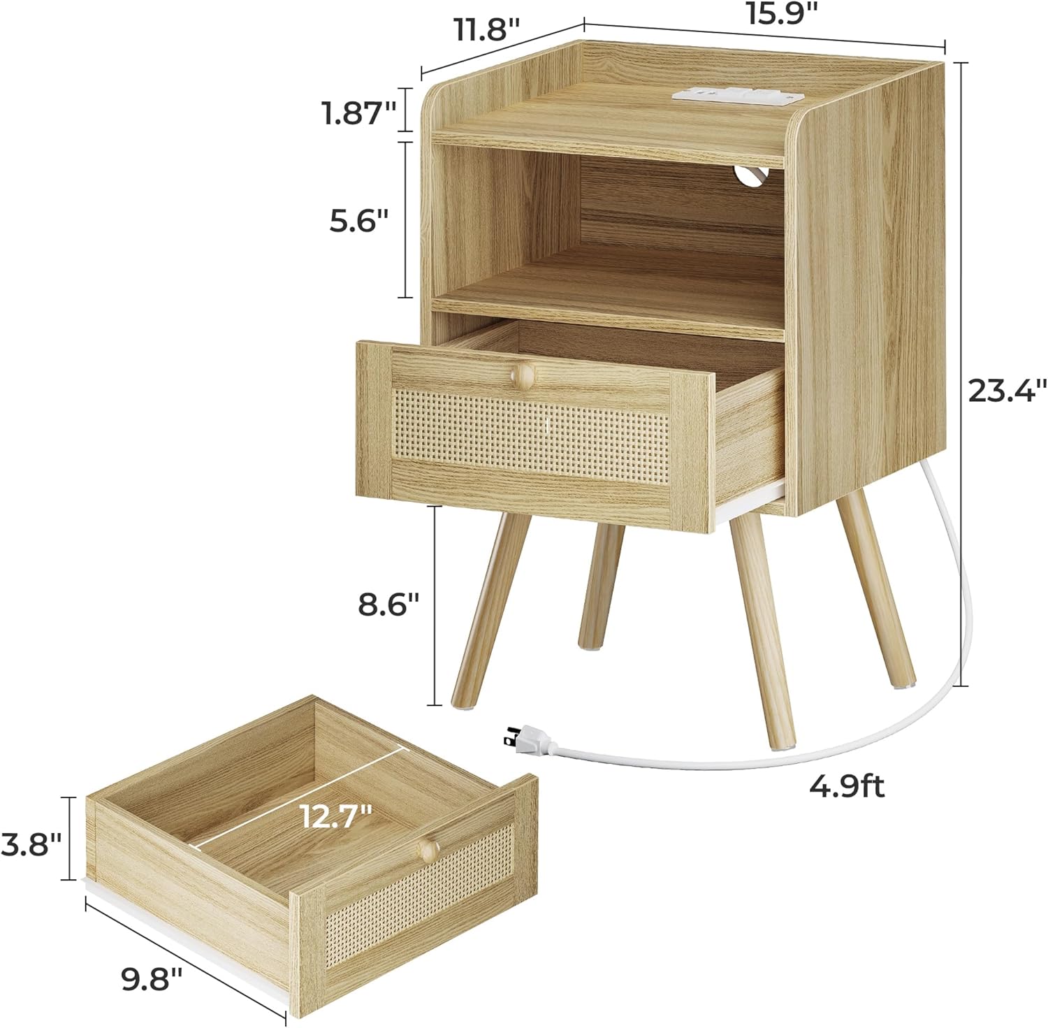 Alternative view of SUPERJARE Nightstands Set of 2, Night Stands with Charging Station & PE Rattan Decor Drawer, Bed Side Tables with Solid Wood Feet, End Table, for Bedroom, Living Room - Natural