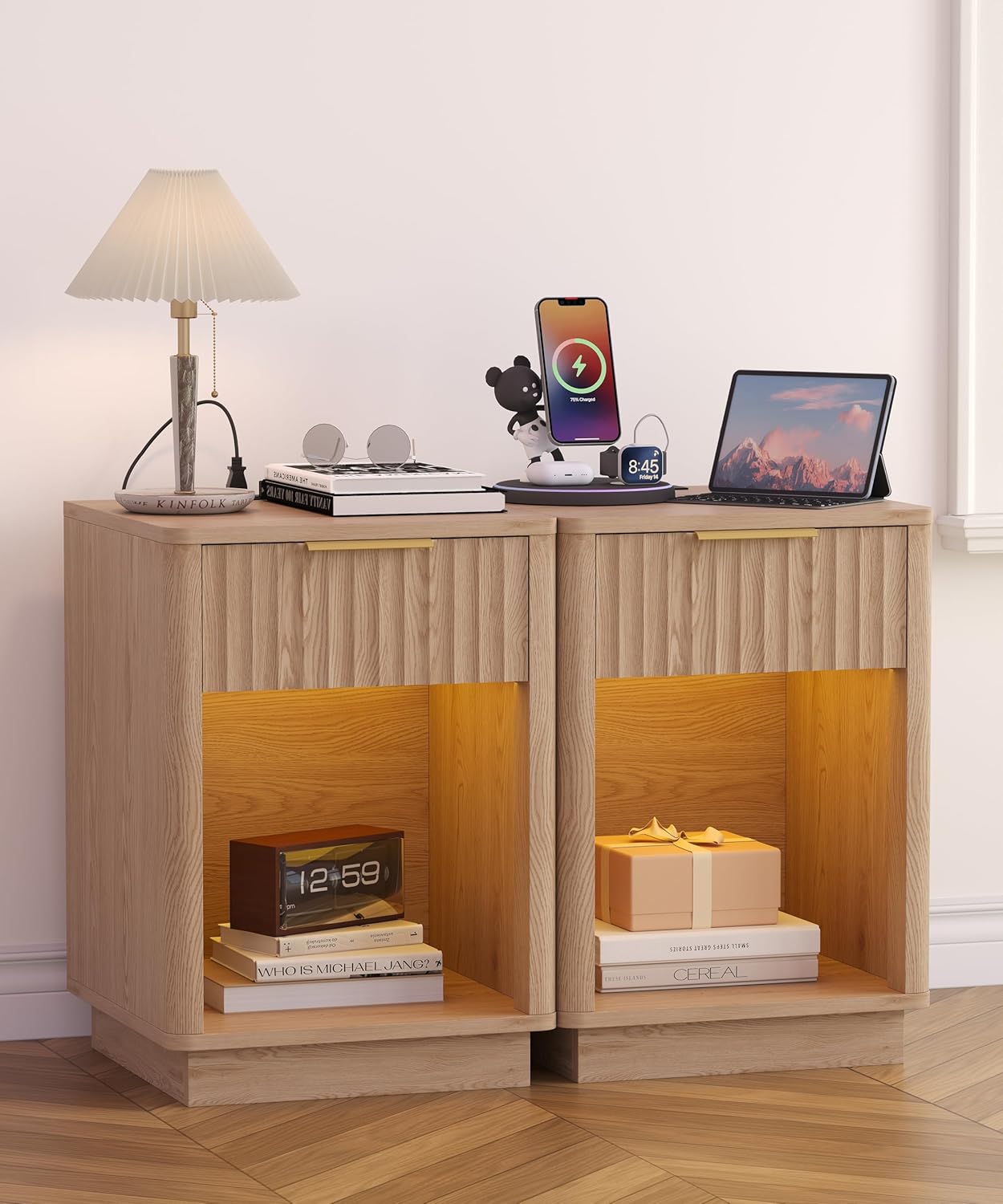 Akxomel Fluted Nightstands Set of 2, Wooden Night Stand with Charging Station and LED Light, Modern Mid Century End Table with Drawer, 15" D x 15.7" W x 22.6" H, for Bedroom, Natural Oak