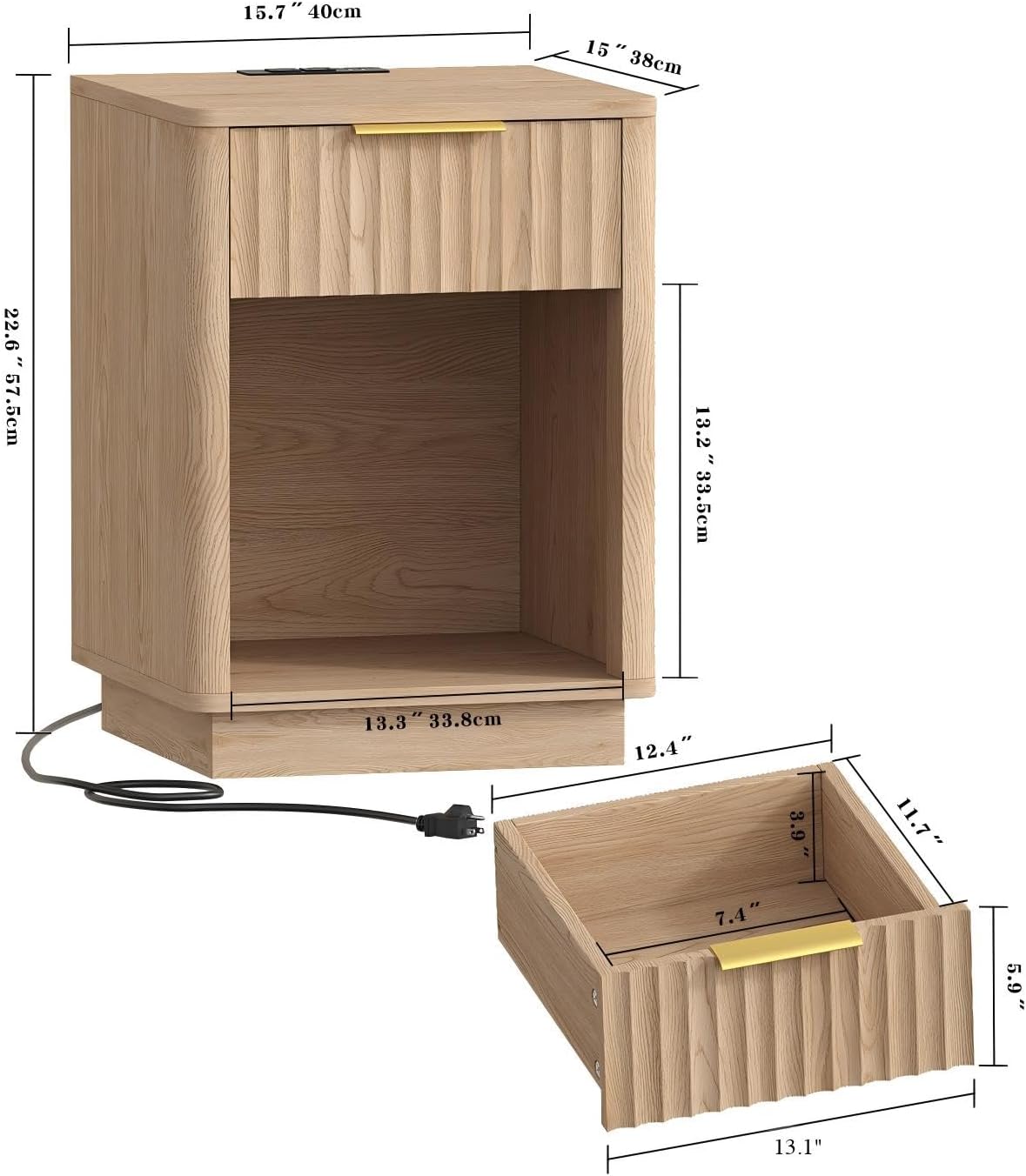 Alternative view of Akxomel Fluted Nightstands Set of 2, Wooden Night Stand with Charging Station and LED Light, Modern Mid Century End Table with Drawer, 15" D x 15.7" W x 22.6" H, for Bedroom, Natural Oak