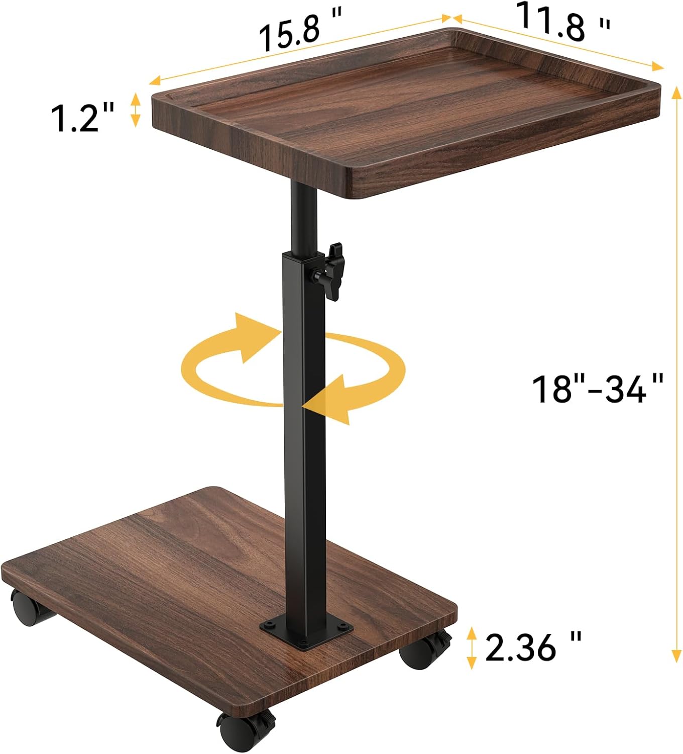 C Table End Table Adjustable Height, 360°Swivel TV Tray Table for Small Spaces, Couch Tables That slide under, C Shaped Side Tables living room and bedroom for Sofa, Bed,Chair, Snack (1, Walnut Brown)