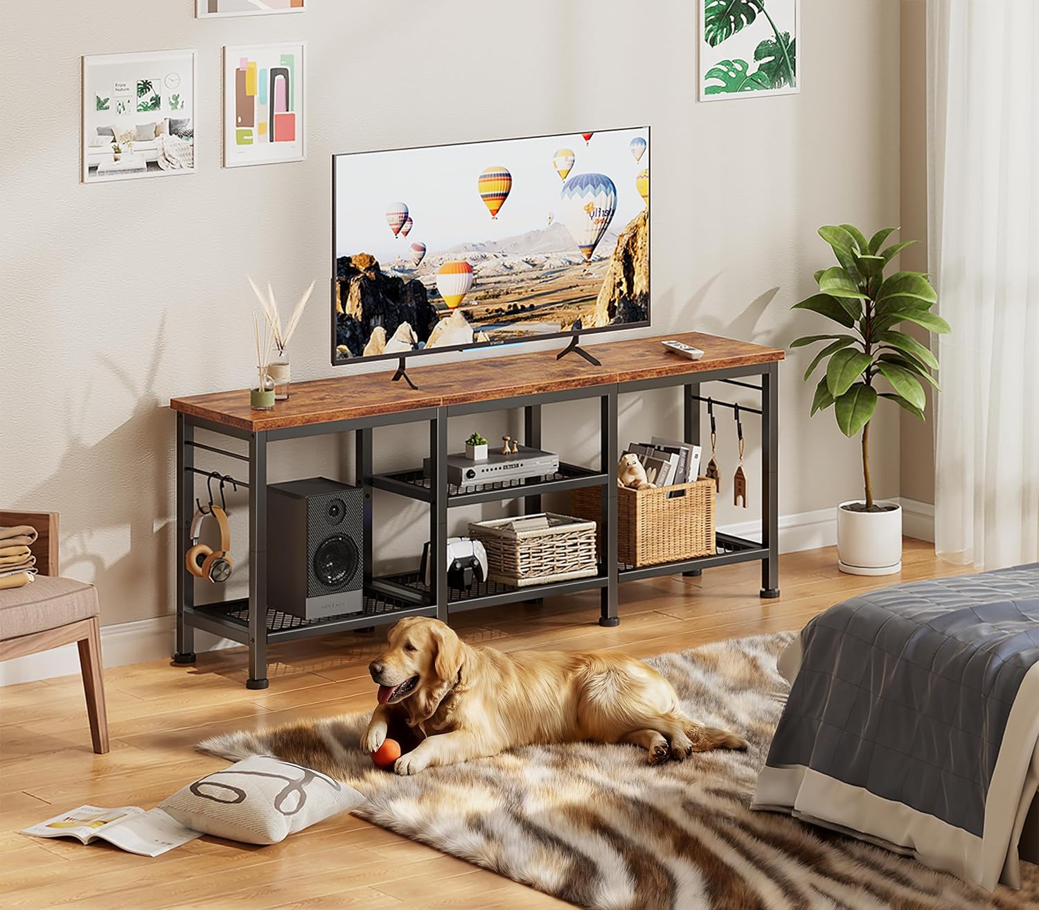 Furologee TV Stand for TVs up to 55 Inch, Entertainment Center with Open Storage Shelves, Media Console Table with Soundbar Shelf for Living Room, Bedroom, Rustic Brown