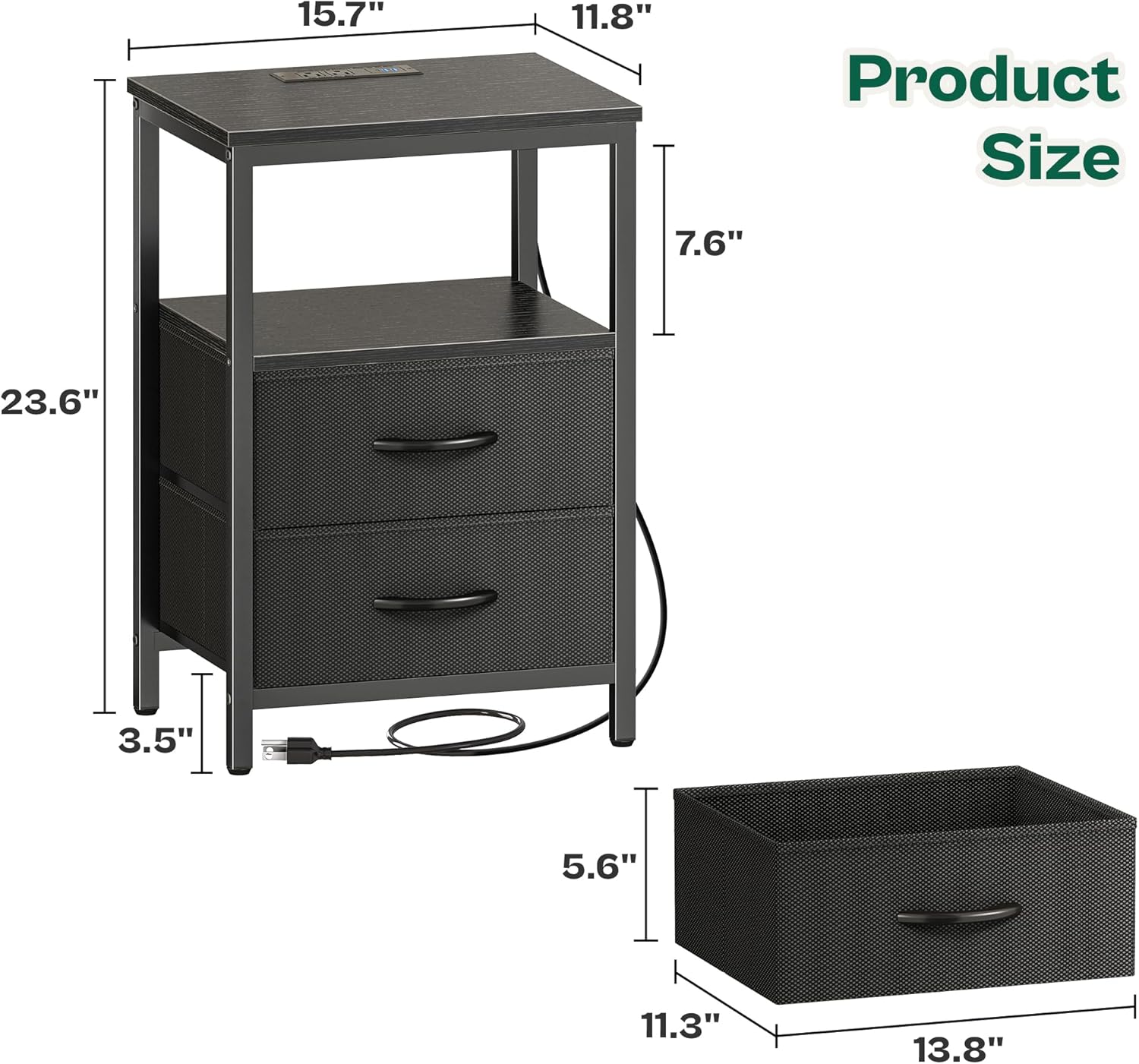 Alternative view of Huuger Night Stand with Charger Station and LED Lights, 2 Drawer Nightstand, Bed Side Table with Open Shelf, End Table, Fabric Dresser for Bedroom, Black