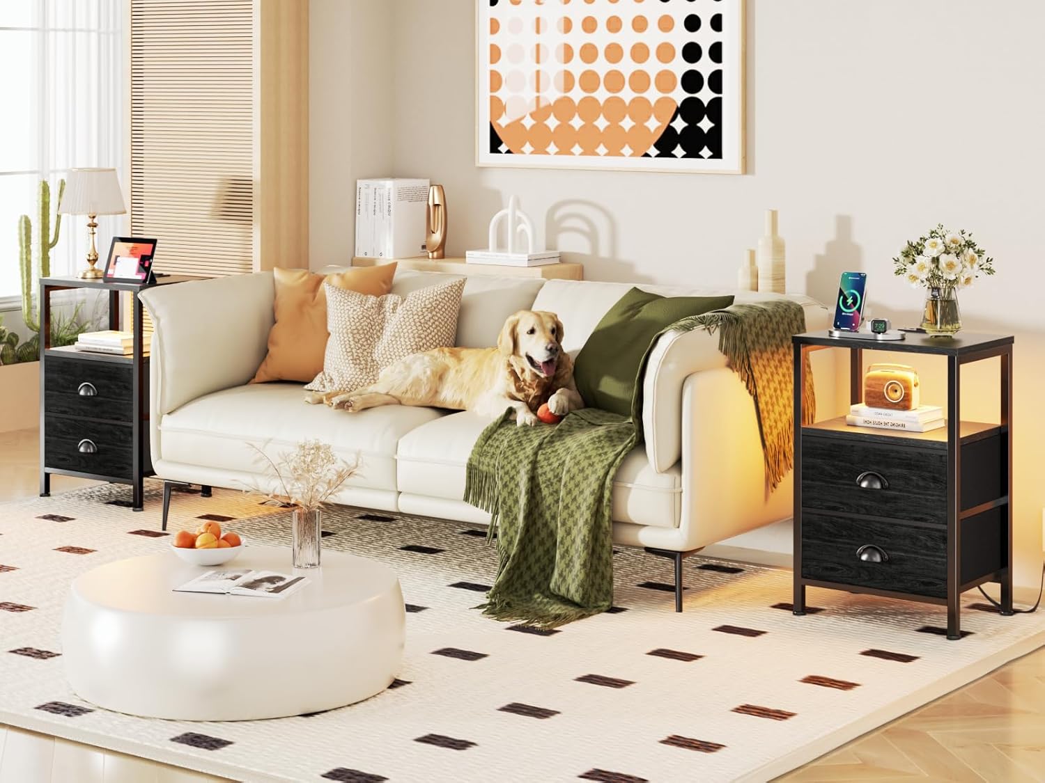 Furologee Nightstands Set of 2, End Tables with Charging Station and LED Lights, Black Night Stands with 2 Fabric Drawers, Bedside Tables Set of 2 for Living Room/Bedroom,Black Oak