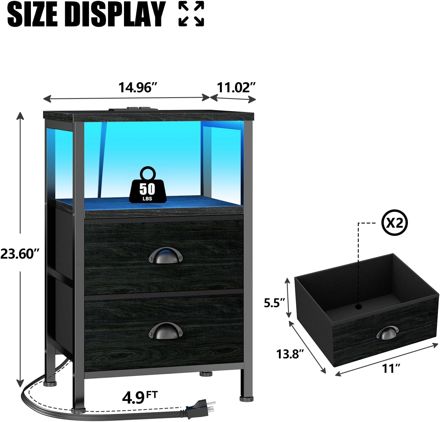 Alternative view of Furologee Nightstands Set of 2, End Tables with Charging Station and LED Lights, Black Night Stands with 2 Fabric Drawers, Bedside Tables Set of 2 for Living Room/Bedroom,Black Oak