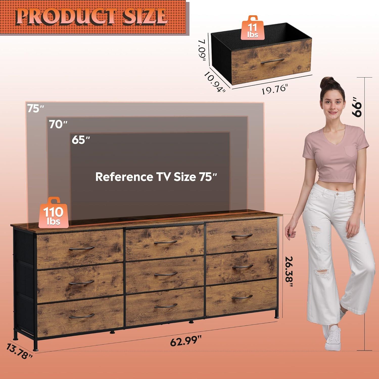 Alternative view of WLIVE 63''W Dresser for Bedroom, Dresser TV Stand for 65, 70, 75 inch TV, Wide Chest of Drawers with 9 Drawer, Large Entertainment Center, Fabric Dressers with Wood Top for Living Room, Rustic Brown