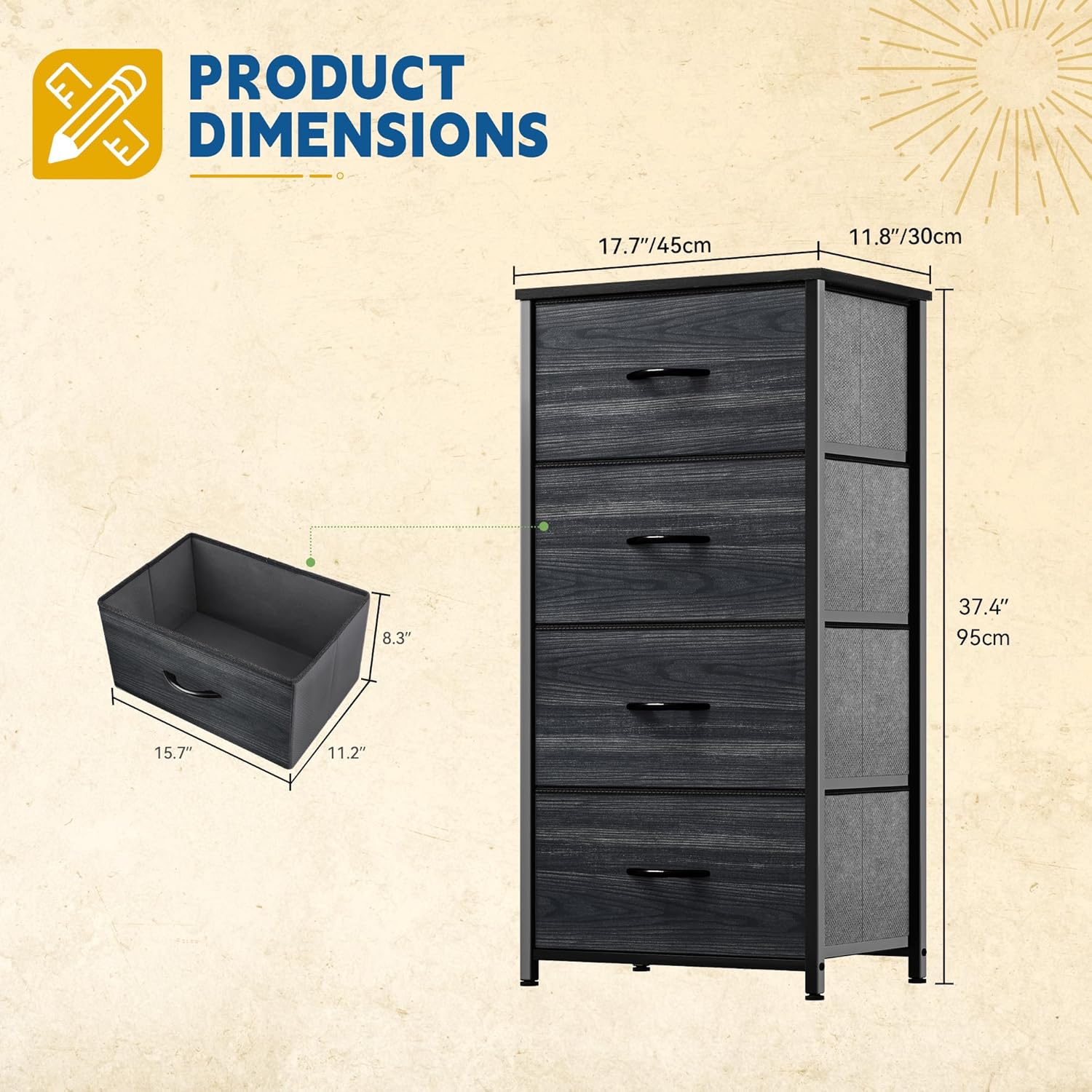 Alternative view of DWVO 4 Drawers Dresser, Dresser for Bedroom, Fabric Storage Tower, Chest of Drawers, Organizer Unit for Closets, Living Room, Sturdy Steel Frame, Wooden Top, Easy Pull Fabric Bins