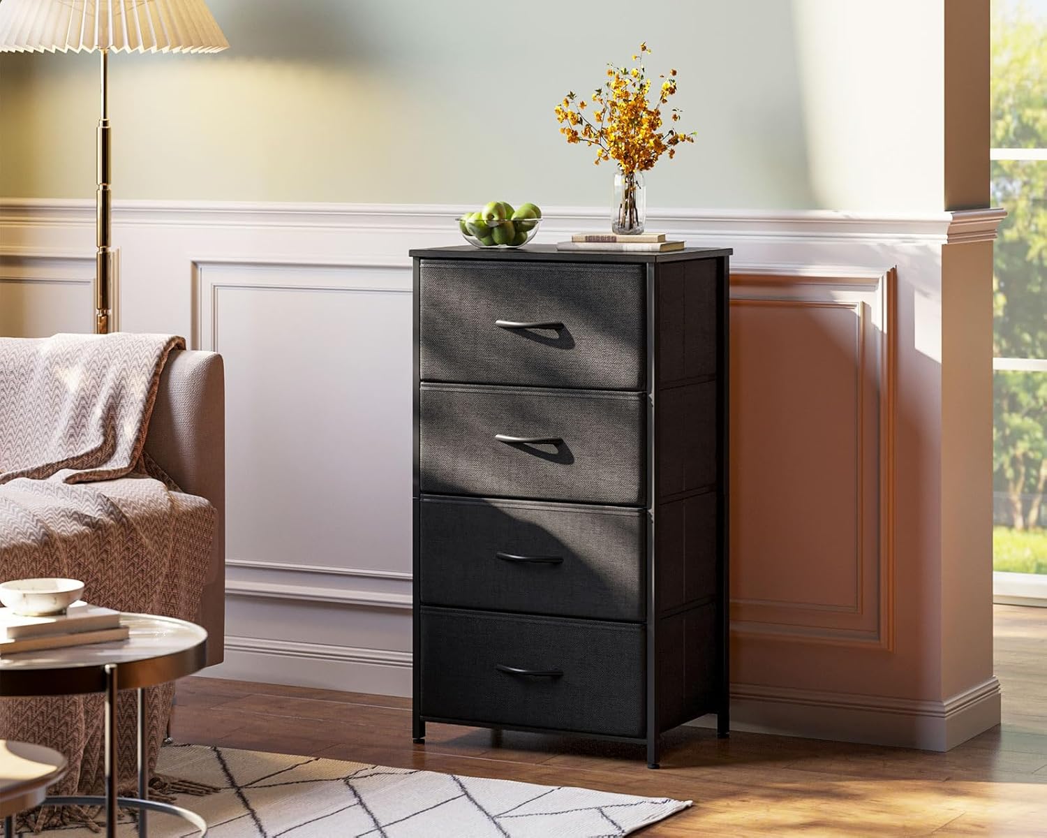 AODK Dresser for Bedroom with 4 Storage Drawers, Small Dressers Chest of Drawers Fabric Dresser with Sturdy Steel Frame, Black