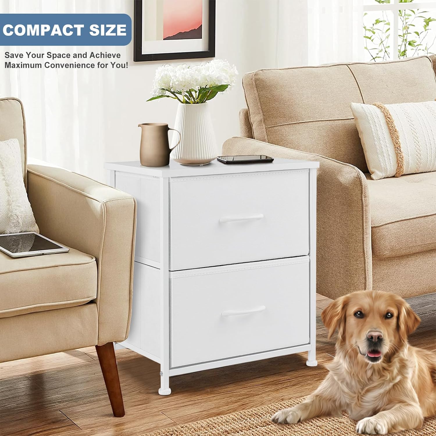 DUMOS Nightstand Small Dresser with 2 Fabric Drawers Side Tables Bedroom End Table Kids Bedside Storage Furniture for 20 inch Tall Night Stand for Closet, Entryway, College Dorm, White