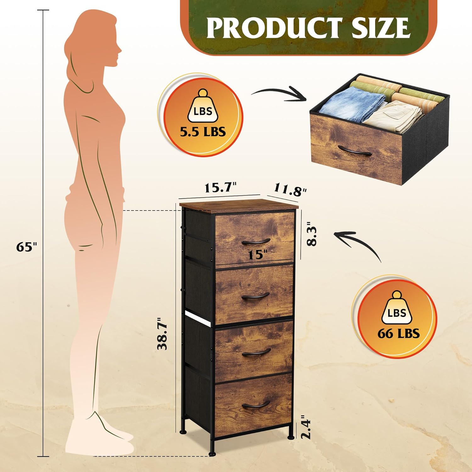 Alternative view of WLIVE Dresser with 4 Drawers, Fabric Storage Tower, Organizer Unit for Bedroom, Hallway, Entryway, Closets, Sturdy Steel Frame, Wood Top, Easy Pull Handle, Rustic Brown Wood Grain Print