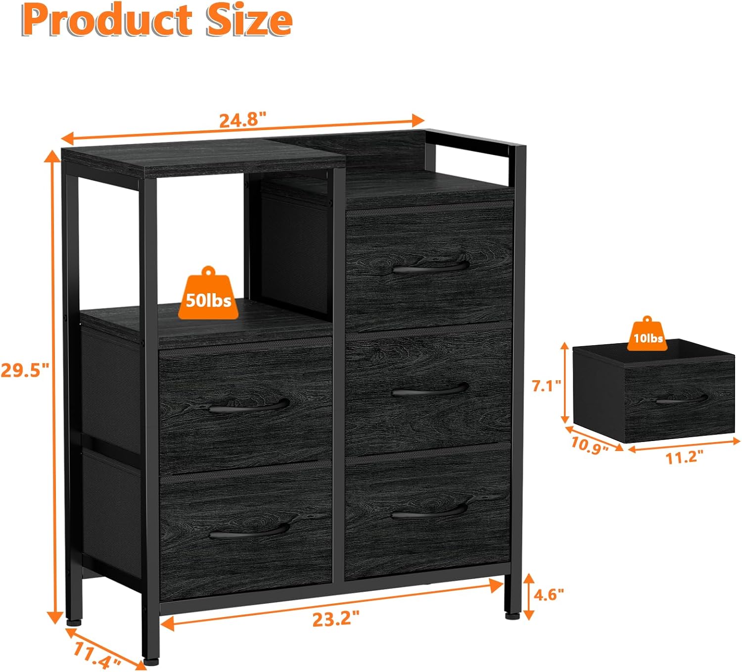 Alternative view of Furnulem 5 Drawer Black Dressers for Bedroom 2 Tier Shelf Storage Small Fabric Dresser for Closet Sturdy Metal Frame Modern Style Storage Cabinets Organization Units for Hallway Rooms