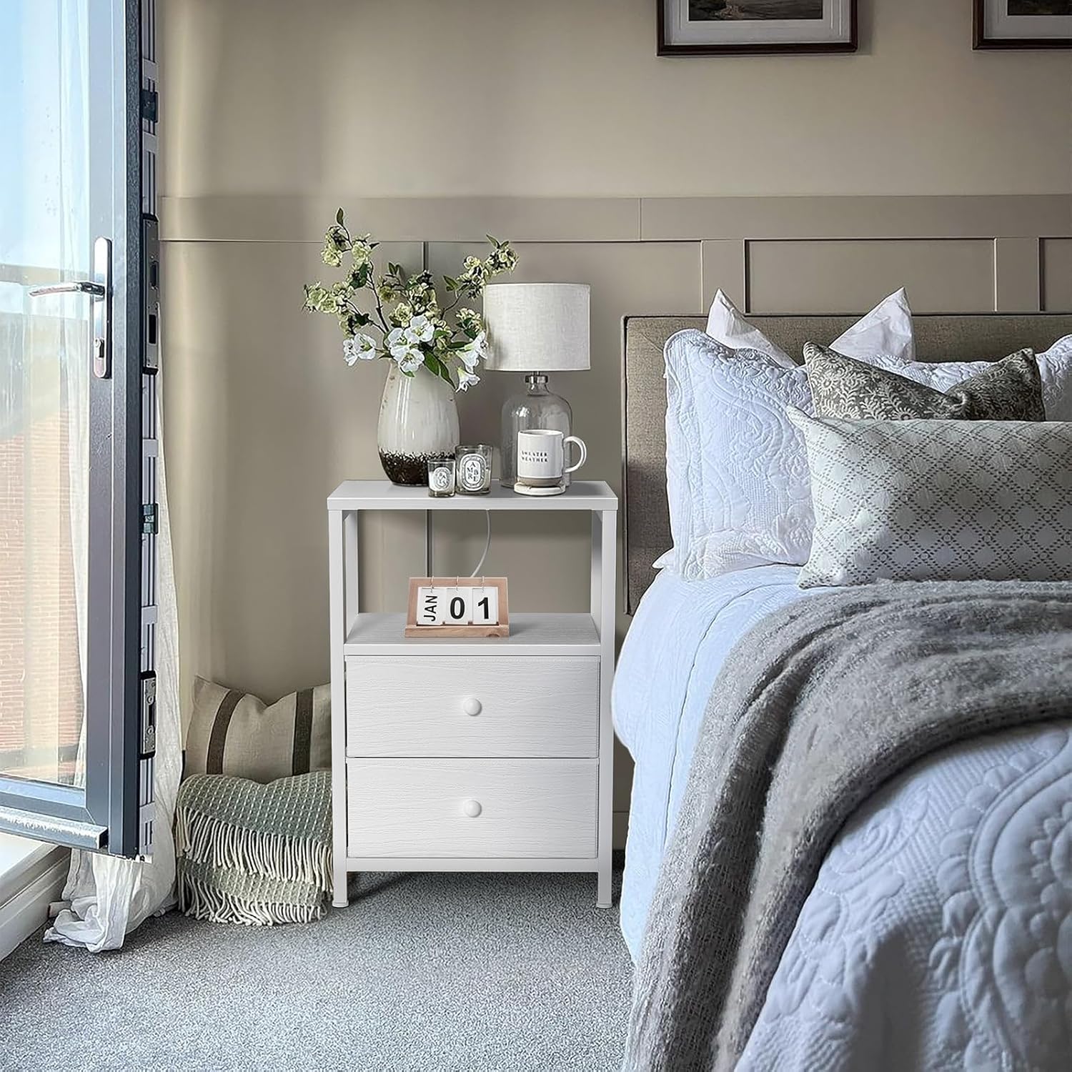 BOLUO White Nightstand with Charging Station, LED Night Stand with 2 Fabric Drawers, Bedside Table with USB Ports and Outlets, Nightstand for Bedroom Modern