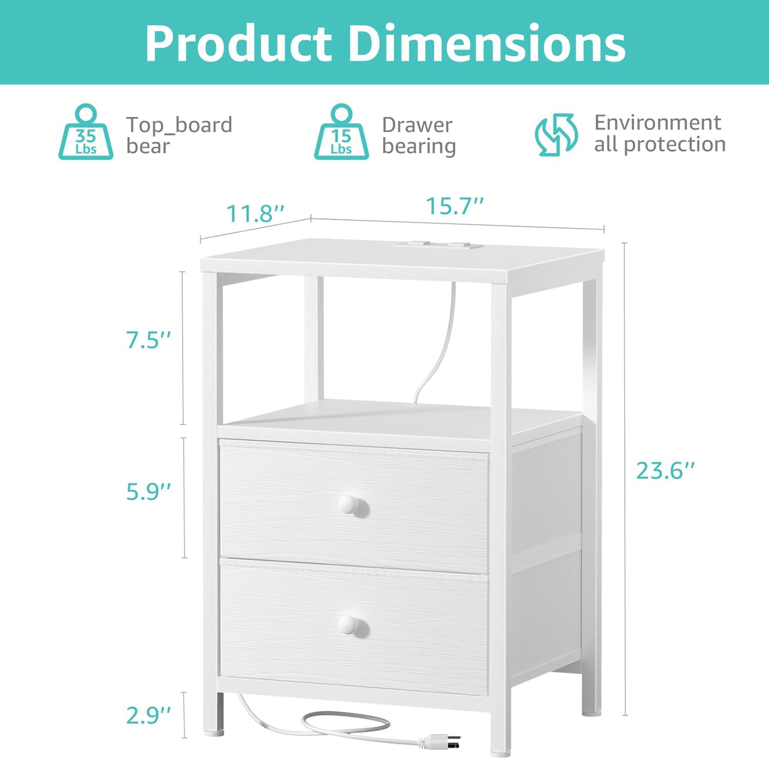 Alternative view of BOLUO White Nightstand with Charging Station, LED Night Stand with 2 Fabric Drawers, Bedside Table with USB Ports and Outlets, Nightstand for Bedroom Modern