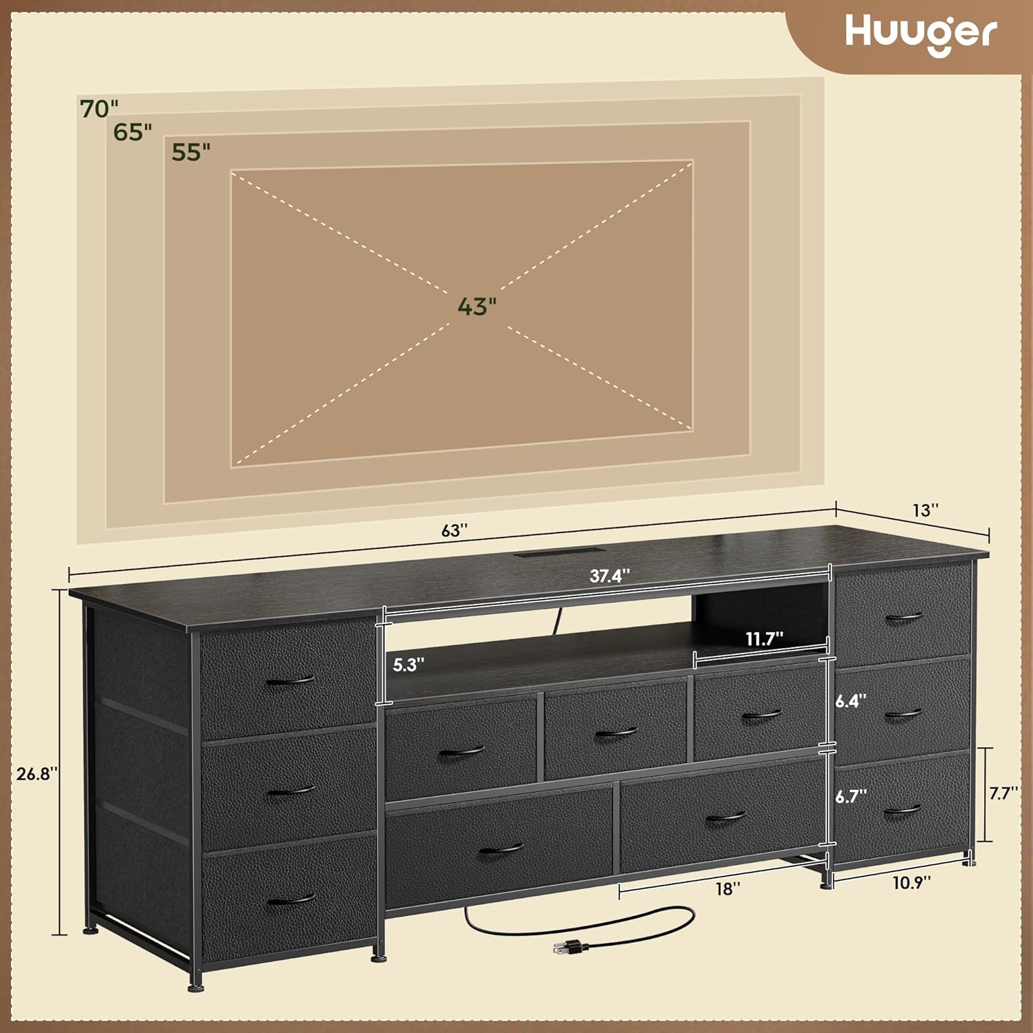 Alternative view of Huuger 63 Inch TV Stand for 65, 70 Inch TV, 11 Drawer Long Dresser with Power Outlets and LED Lights, Entertainment Center with Storage, Black Dresser with PU Leather Surface