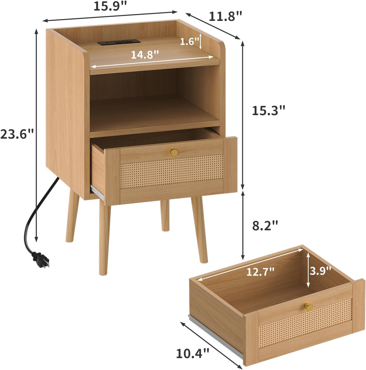 Alternative view of MECHYIN Night Stand Set 2, Nightstands Set of 2 with Charging Station, Rattan Side Tables with Solid Wood Legs, Boho Bedside End Table for Farmhouse Bedroom Dorm Small Space - Natural