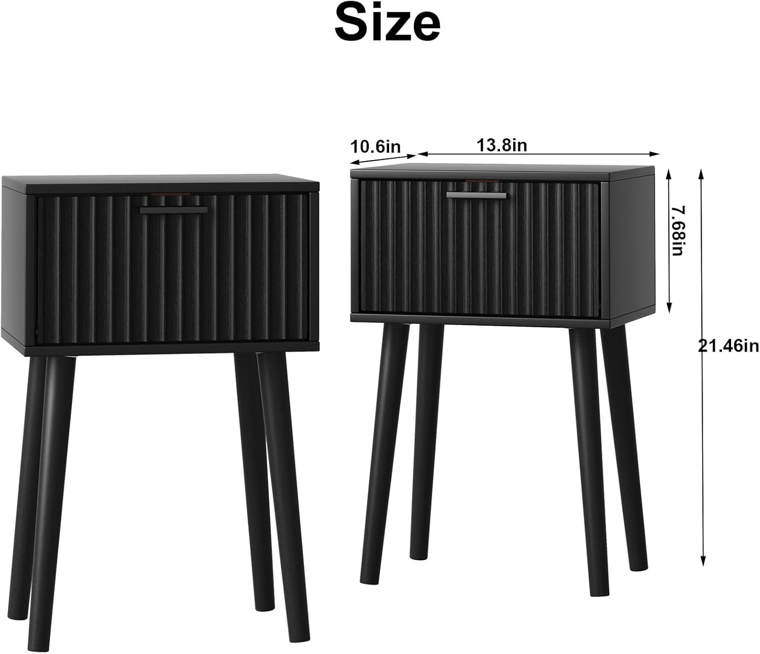 Alternative view of LAATOOREE Nightstands Set of 2, Small Side Table, Bedside Table with Fluted Door, Solid Wood Feet; Modern Mid-Century End Table for Bedroom, Small Space (Black)