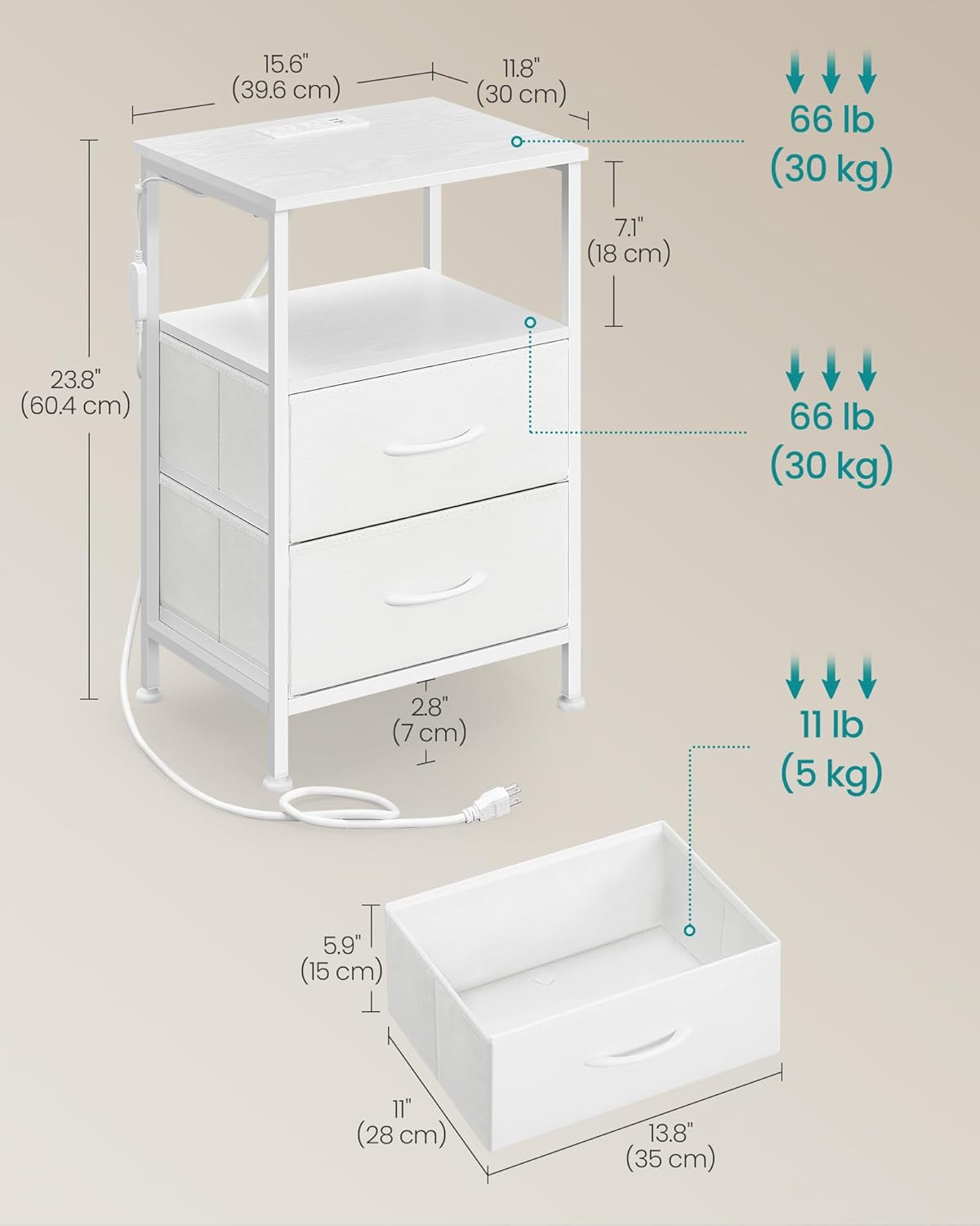 SONGMICS BELLAH Collection - Nightstand with Charging Station and App-Controlled Adjustable LED Lights, Bed Side Table, 2 Drawer and 1 Open Shelf, Bedroom, Cloud White and Snow White ULGS302WH01S