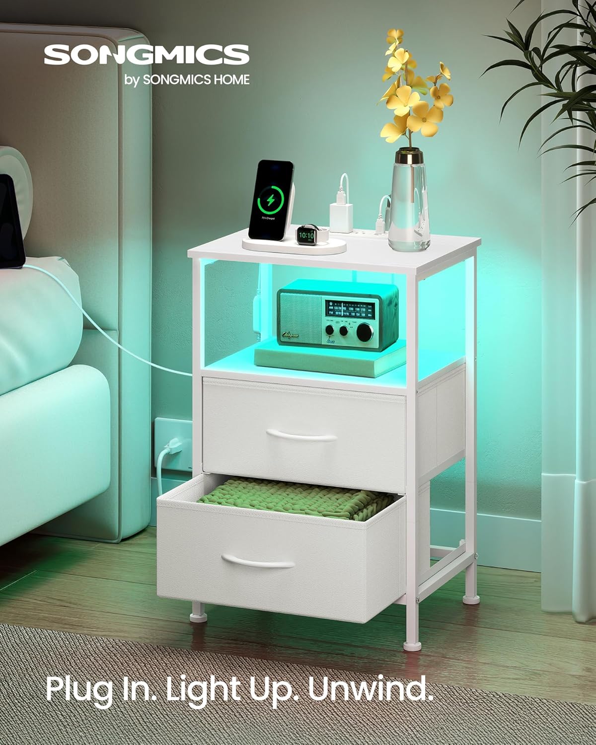 Alternative view of SONGMICS BELLAH Collection - Nightstand with Charging Station and App-Controlled Adjustable LED Lights, Bed Side Table, 2 Drawer and 1 Open Shelf, Bedroom, Cloud White and Snow White ULGS302WH01S