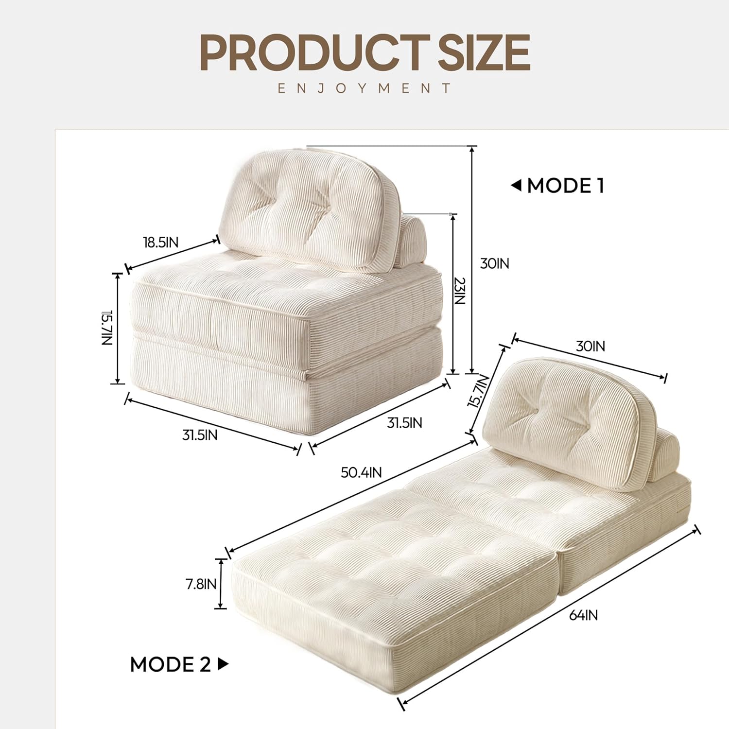 Dowinx Folding Sofa Bed with Pillow, Convertible Comfy Couch Bed for Adults Home Lounge and Gaming, Modern Comfortable Design for Apartment Living Room Bedroom, Single, Ribbed Velvet, White