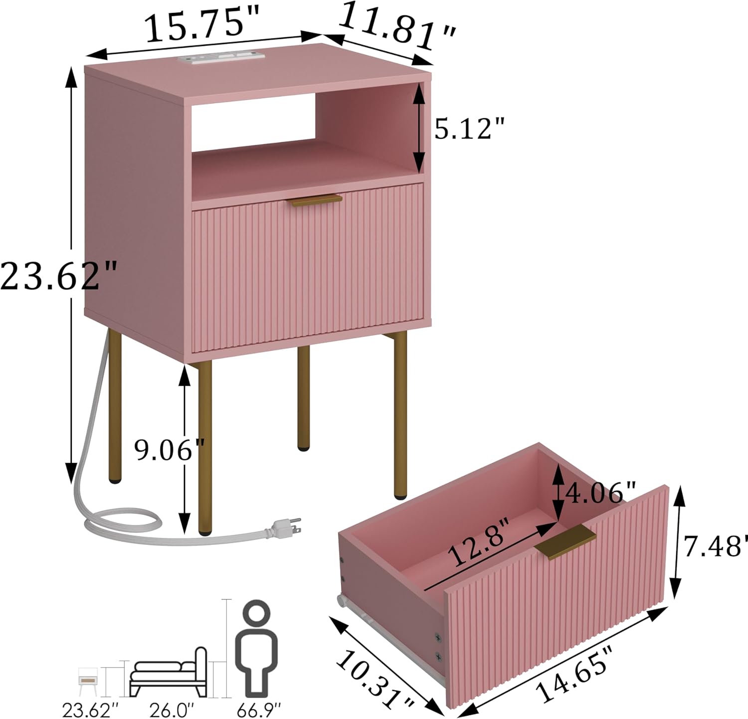 JOONEE Modern Nightstand with Charging Station and LED Lights, White Bedside Table with Drawer, Fluted Side Table for Living Room, Bedroom