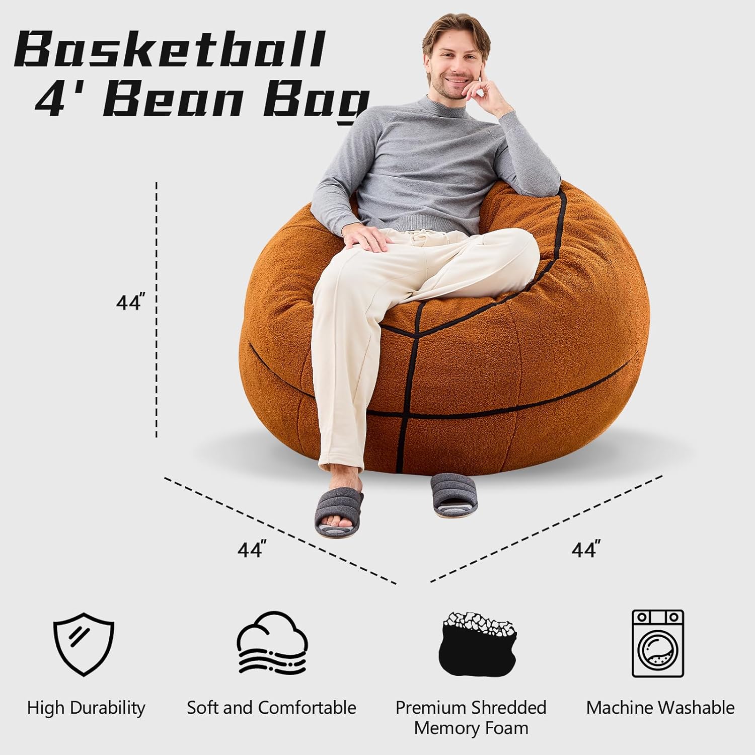 Sports Basketball Bean Bag Chair - Giant Bean Bag Chairs for Adults and Kids - Oversized Bean Bag Sofa Couch with Filler - Plush BeanBag Furniture for Living Room Bedroom Dorm Office - 44 Inch