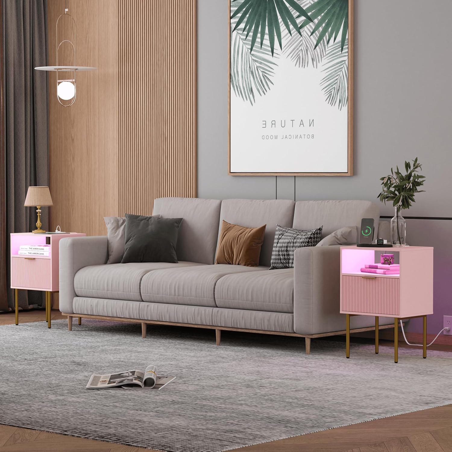 Alternative view of JOONEE Modern Nightstand with Charging Station and LED Lights, White Bedside Table with Drawer, Fluted Side Table for Living Room, Bedroom