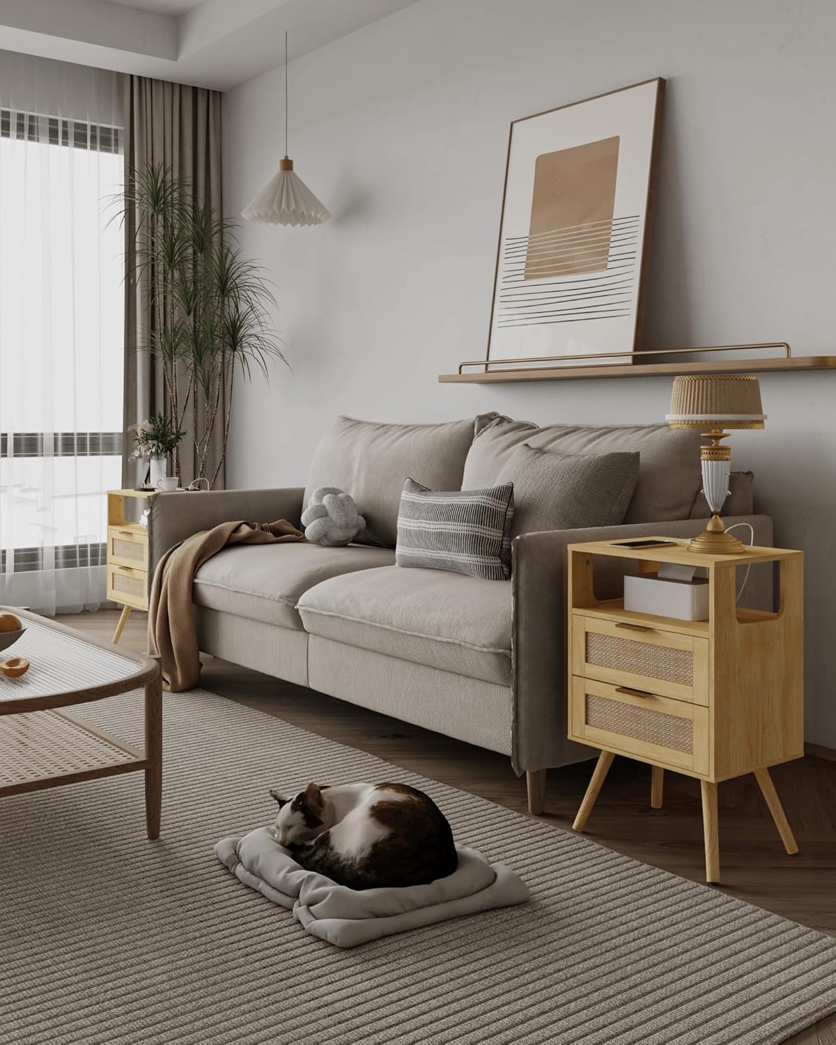 Alternative view of Veegle Rattan Nightstand with Charging Station,Modern Bedside Table with 2 Storage Drawer and Open Wood Shelf, for Bedroom and Small Spaces,Night Stand with Solid Wood Legs (Yellow Oak)