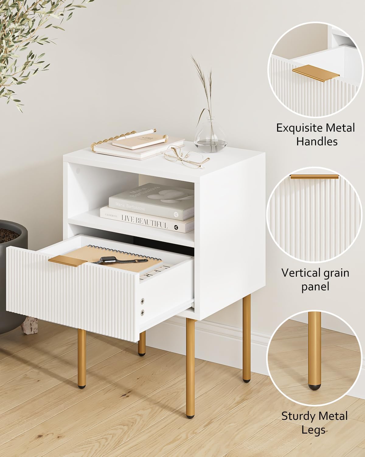 Alternative view of Masupu Nightstand,Mid-Century Modern Bedside Table with Storage Drawer and Open Wood Shelf,Small Gold Frame Side Table for Bedroom,Living Room,White