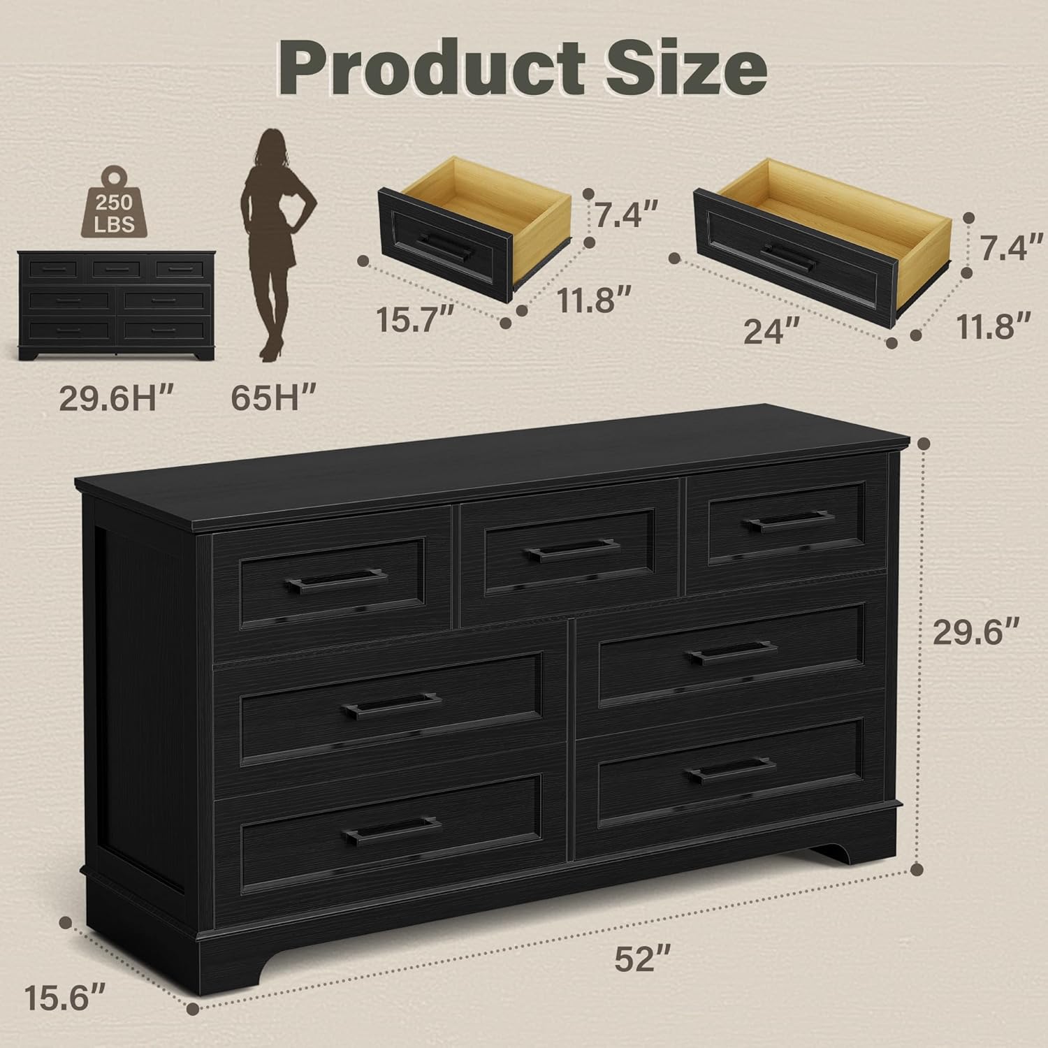 YESHOMY Dresser for Bedroom, Farmhouse 7 Drawers Dresser, Chest of Drawer Chest, Multi-Tier Clothing Storage Cabinet, Black