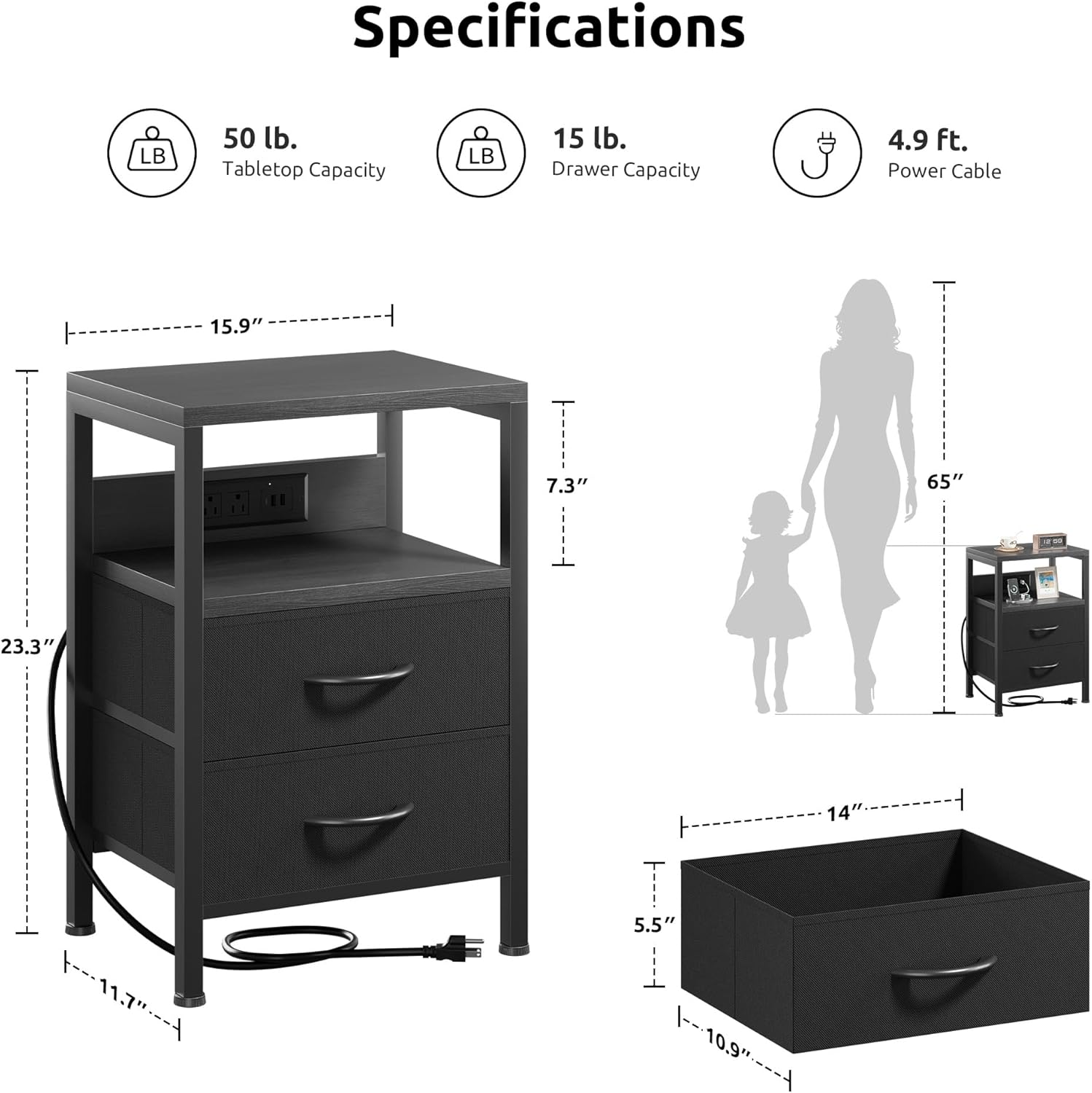 Lazzanto NightStand Bedside Charging Table Bedroom - Night Stand with Charger Station, Modern Nightstand with Open Shelf & 2 Fabric Drawers, Bed Side Table with USB-C Port for Dorm, Black