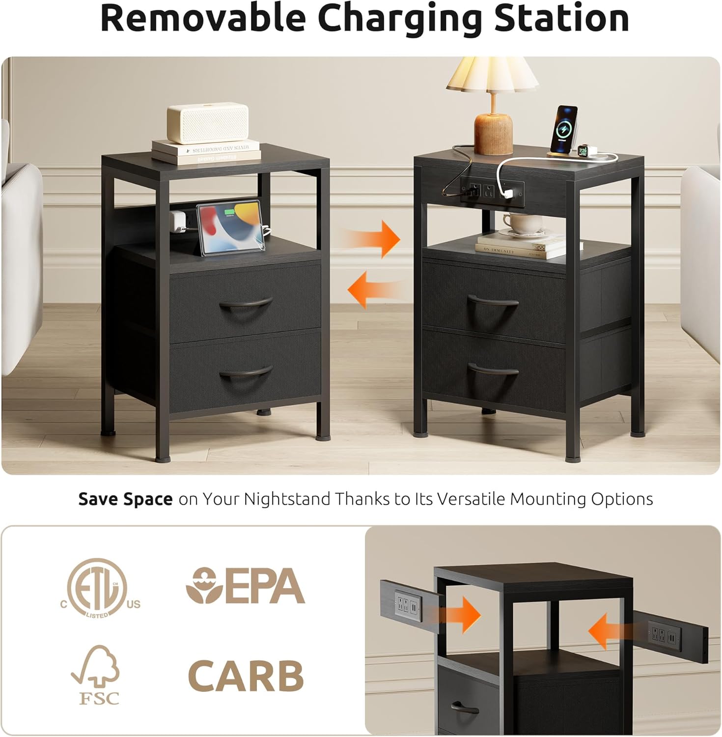 Alternative view of Lazzanto NightStand Bedside Charging Table Bedroom - Night Stand with Charger Station, Modern Nightstand with Open Shelf & 2 Fabric Drawers, Bed Side Table with USB-C Port for Dorm, Black