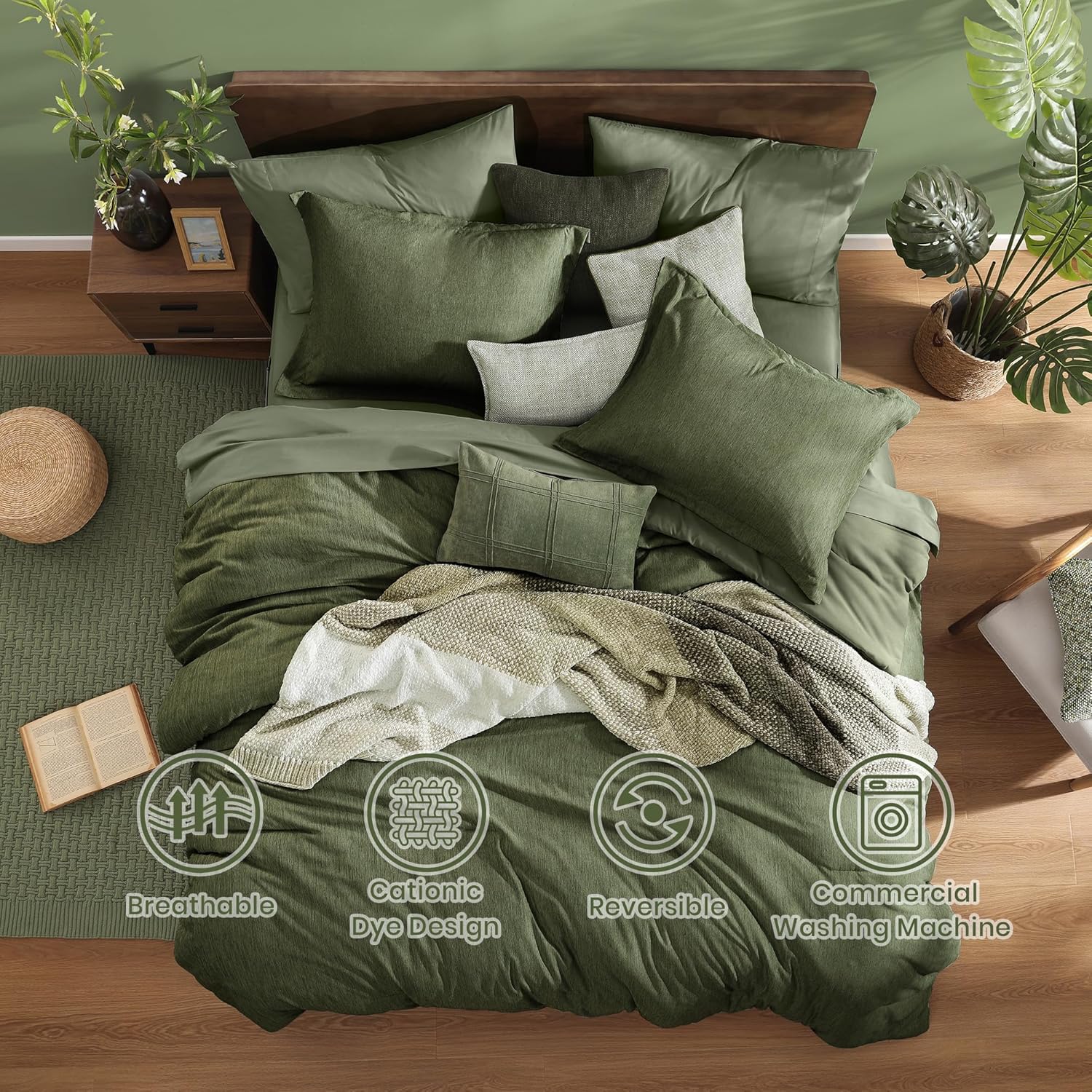 Monbix Queen Comforter Set - 7 Pieces Cationic Dyeing Olive Green Bed in a Bag Queen Bedding Sets with Comforter, Sheets, Pillowcases & Shams, Reversible Bedding Comforters Sets