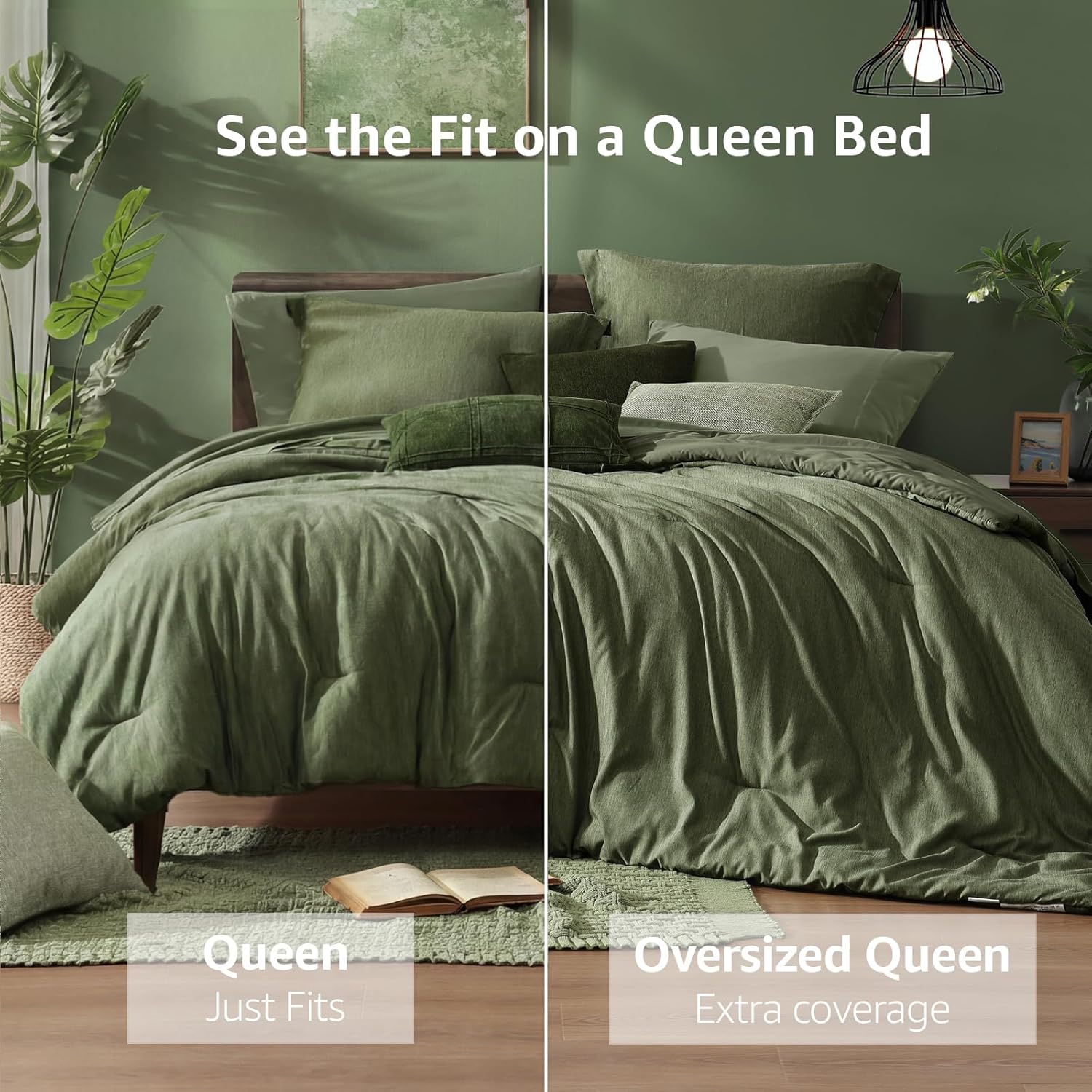 Alternative view of Monbix Queen Comforter Set - 7 Pieces Cationic Dyeing Olive Green Bed in a Bag Queen Bedding Sets with Comforter, Sheets, Pillowcases & Shams, Reversible Bedding Comforters Sets