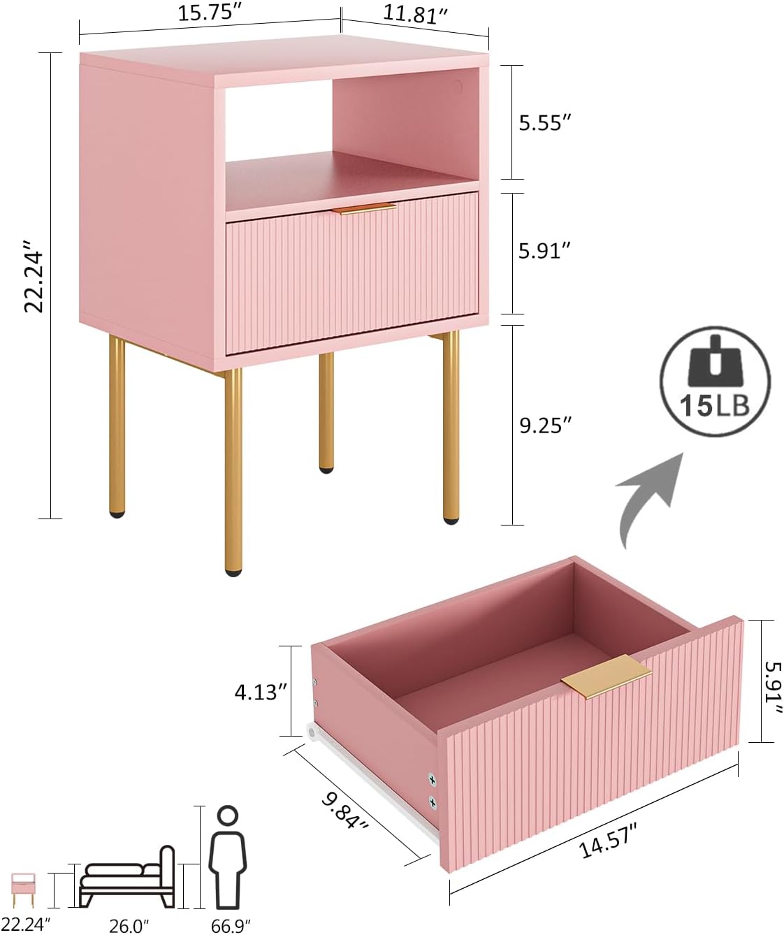 Masupu Night Stand,Mid-Century Modern Bedside Table with Storage Drawer and Open Wood Shelf,Small Gold Frame Side Table for Bedroom,Living Room, Pink