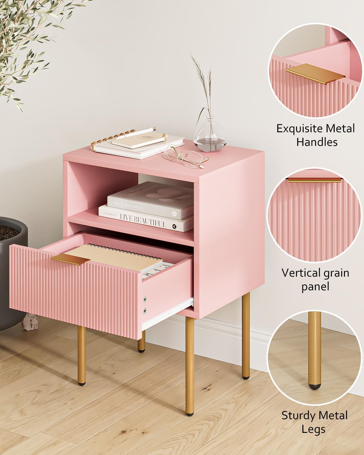 Alternative view of Masupu Night Stand,Mid-Century Modern Bedside Table with Storage Drawer and Open Wood Shelf,Small Gold Frame Side Table for Bedroom,Living Room, Pink