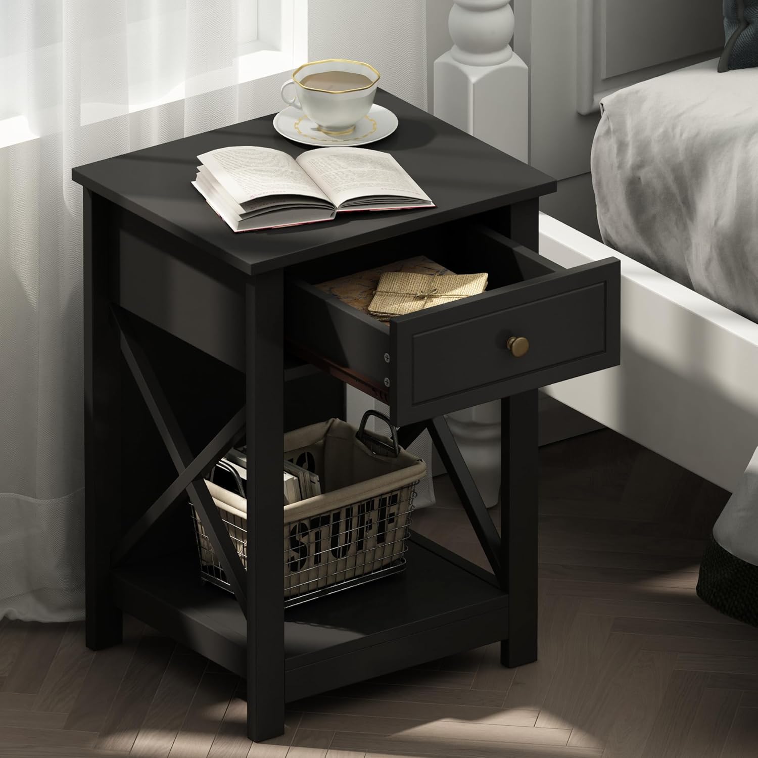 Treocho Black End Table Set of 2, Modern X-Design Night Stand,Bedside End Table with Open Storage for Small Place,Bedroom