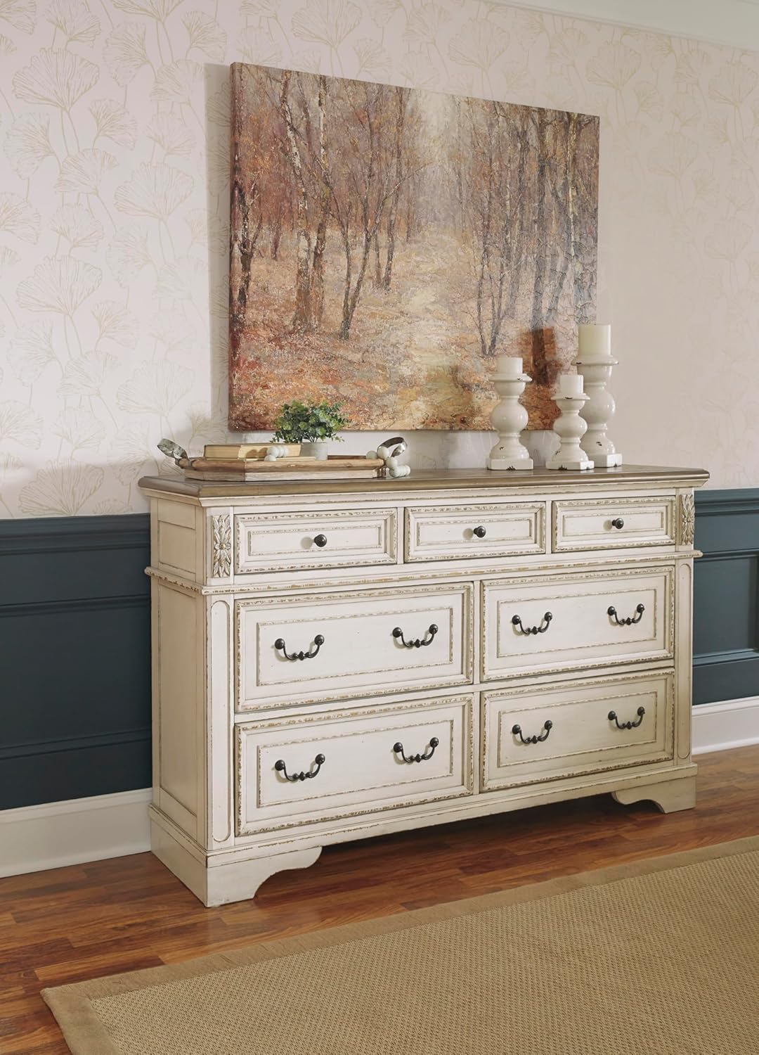 Signature Design by Ashley Realyn | French Country 7-Drawer Two-Tone Dresser u2013 Fully Assembled, Decorative Corbels, Chipped White with Distressed Wood Top