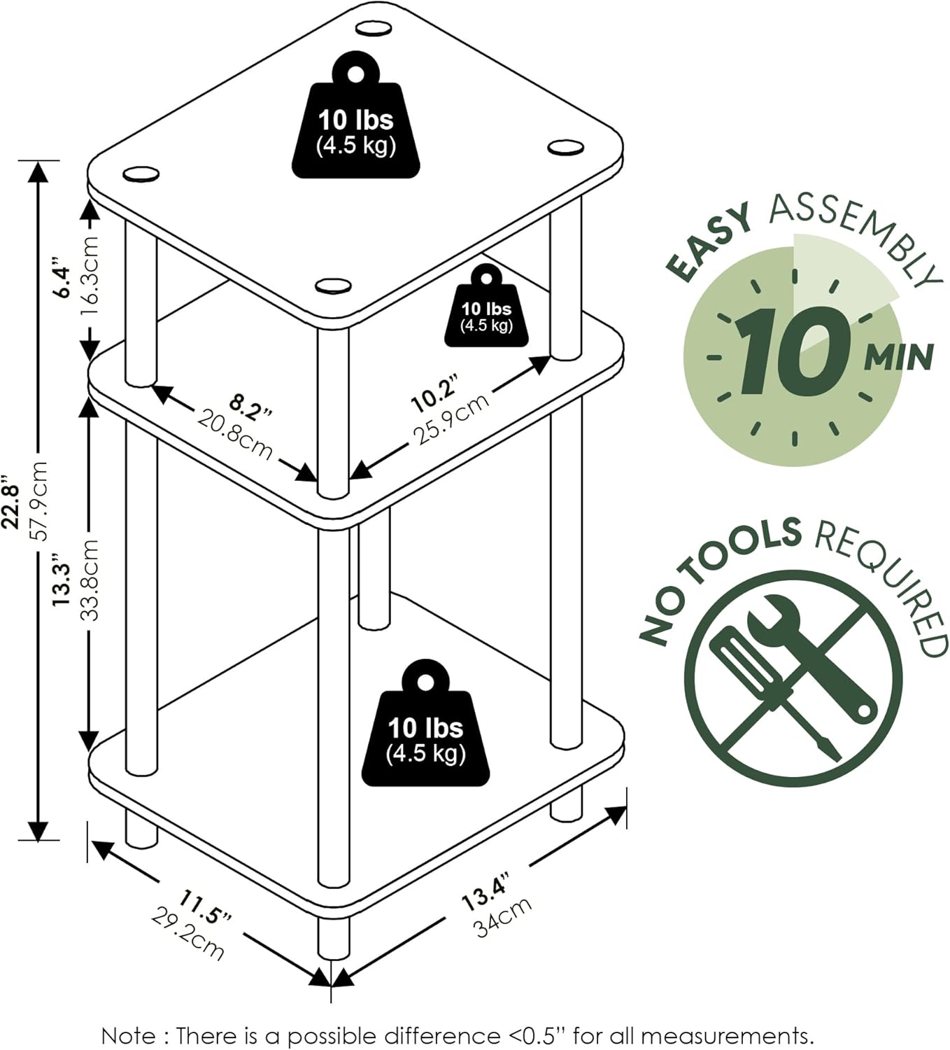 Alternative view of Furinno JUST Side Table, 3-Tier End Table, Open Shelves Night Stand, Bedside Table, Toolless Assembly, for Living Room, Bedroom, Bathroom, French Oak