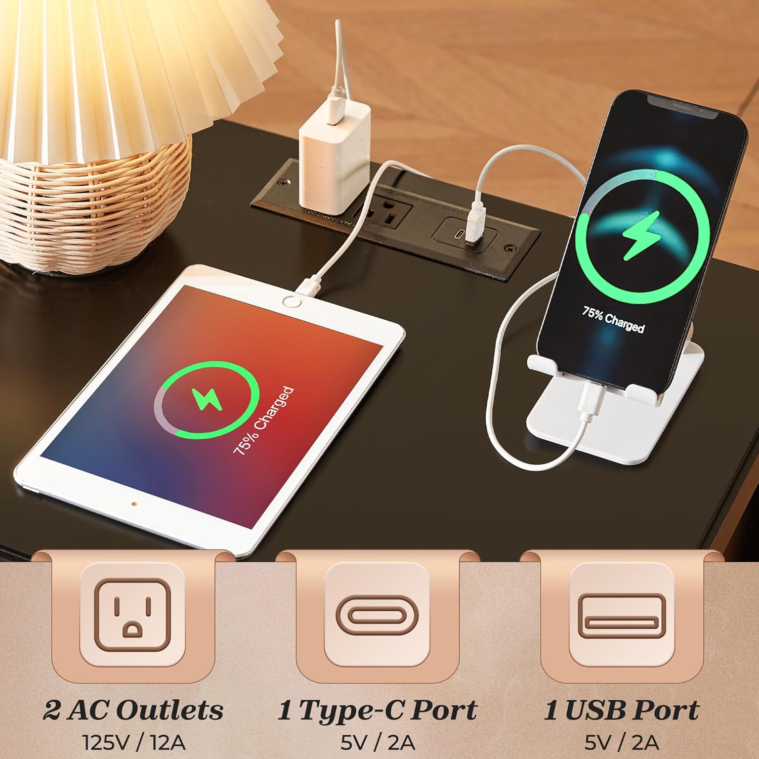 Alternative view of Huuger Black Nightstand Set of 2, Night Stand with Charger Station, Bedside Table with 2 Drawers, Bed Side Tables for Bedroom, Modern Nightstands, Metal Knobs, Painted Surface | with Charger Station, 2 Drawers, Bed Side Tables, for Bedroom, Metal Knobs, Painted Surface