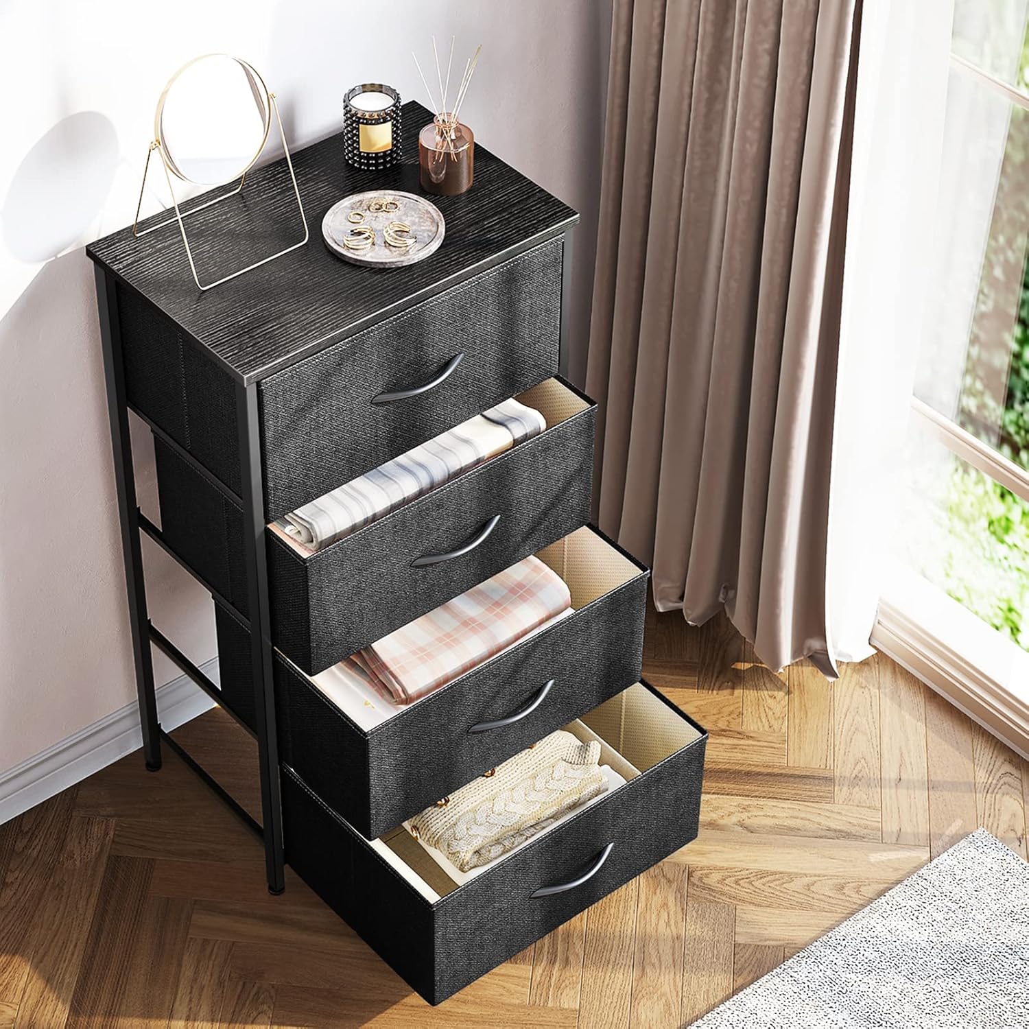 ODK Dresser for Bedroom with 4 Storage Drawers, Small Dresser Chest of Fabric Drawers with Sturdy Steel Frame for Small Space, Wood Top, Black