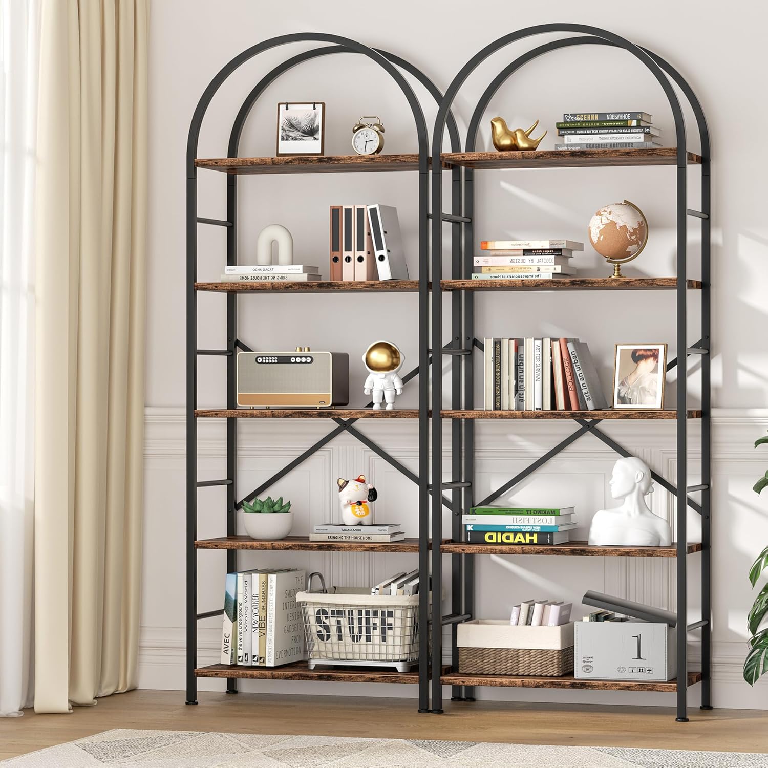 Alternative view of Shintenchi Bookshelf, Arched Bookshelf 5 Tier Bookcase, Tall Shelf for CDs/Books, Home Office Shelf Storage Organizer, Modern Book Shelf for Bedroom/Living Room, Rustic Brown | Bookcase, Tall Shelf, for CDs/Books, Home Office Shelf, Storage Organizer
