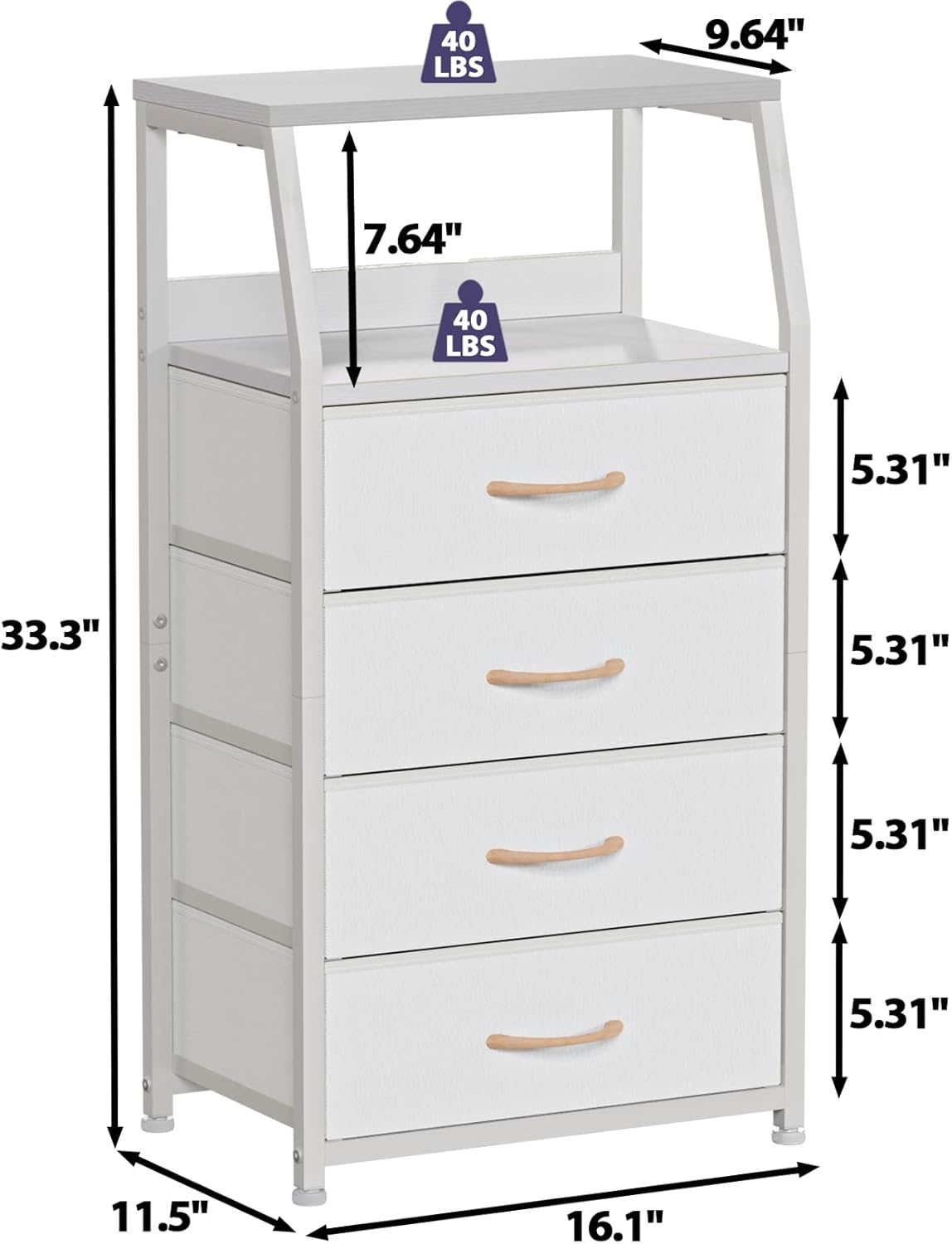 Alternative view of Furnulem Tall 4 Drawers Dresser, Vertical Storage Tower for Bedroom, Hallway, Entryway, Nursery, Closet Organizer, Nightstand Bedside Table Furniture, Sturdy Steel Frame, Wood Top, White