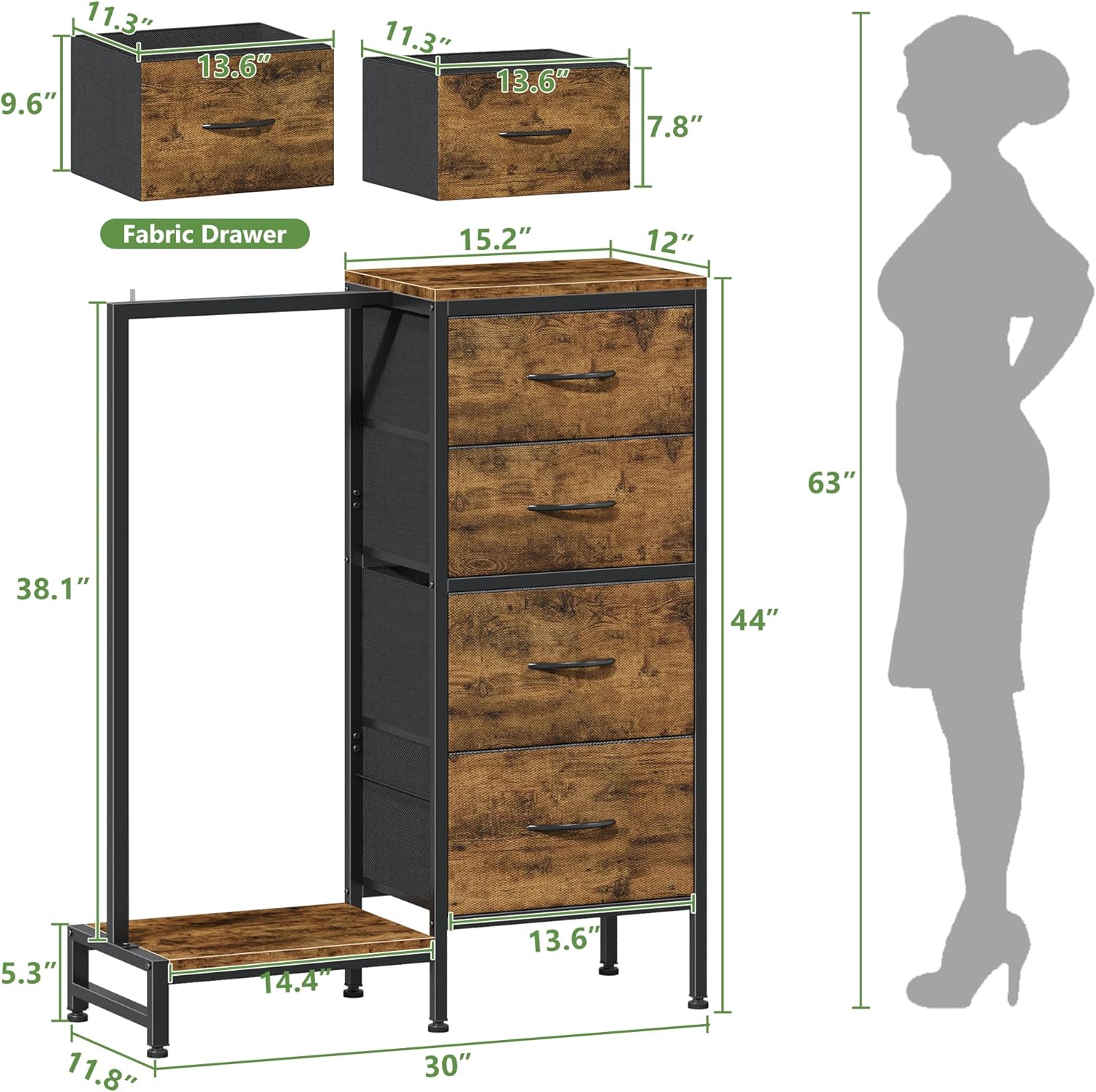 Alternative view of HIGDBFE Dresser with Hanging Rack, 4 Drawers Small Closet for Bedroom, Reversible Fabric Kids Chest of Drawers with Clothes Rack, Tall Storage Tower, Sturdy Frame, Rustic Brown, 44''H