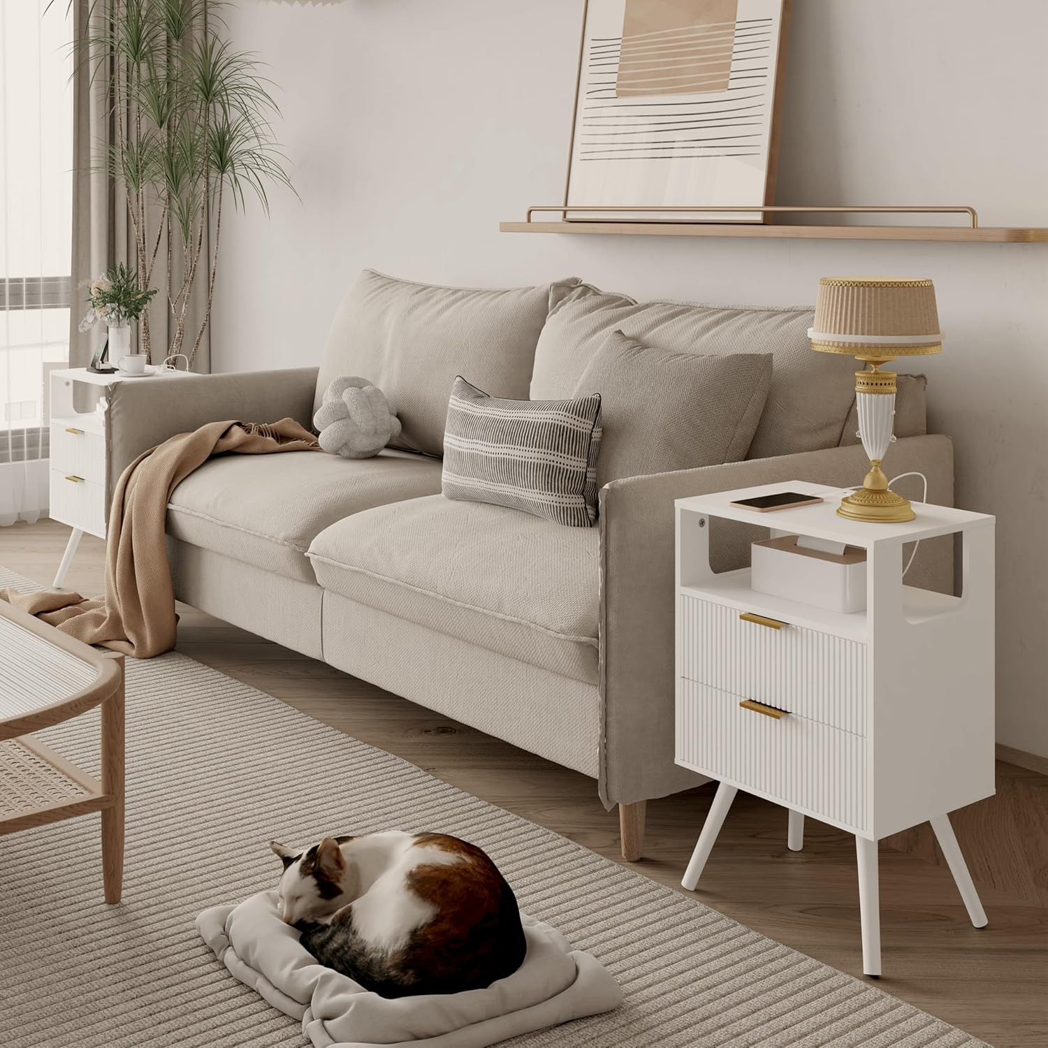 Alternative view of JOONEE White Nightstand with Charging Station and LED Lights,Modern Bedside Table with 2 Storage Drawer and Open Wood Shelf, for Bedroom and Small Spaces,Night Stand with Solid Wood Legs,White