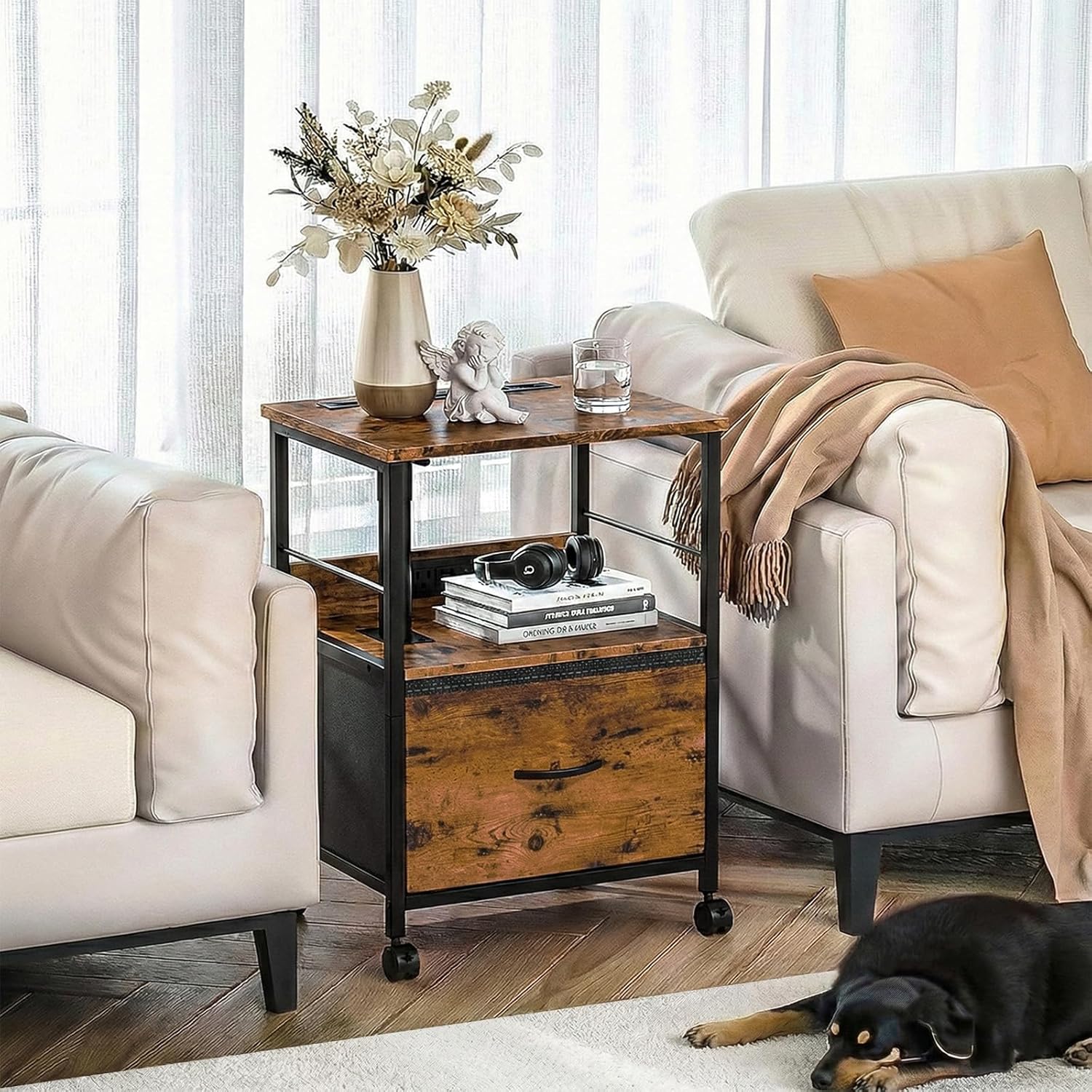 Swivel Lift Top Nightstand with Charging Station, 2-Tier 360° Adjustable Bedside Table, Rolling Night Stand with Wheels, Small End Table with Fabric Drawer, for Bedroom, Living Room, Rustic Brown