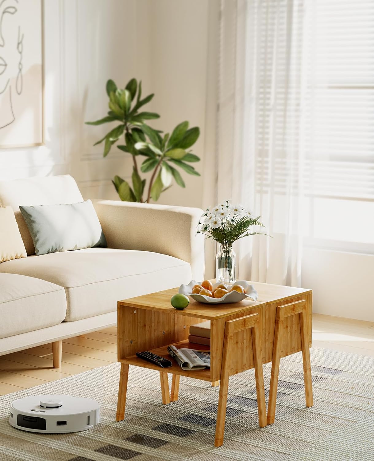 Pipishell Bamboo Stackable End Tables, Wood Living Room Nightstand, Bedside Tables for Bedroom Storage, 2PCS