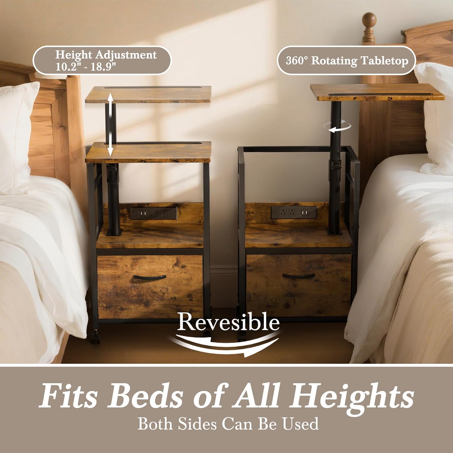 Alternative view of Swivel Lift Top Nightstand with Charging Station, 2-Tier 360° Adjustable Bedside Table, Rolling Night Stand with Wheels, Small End Table with Fabric Drawer, for Bedroom, Living Room, Rustic Brown