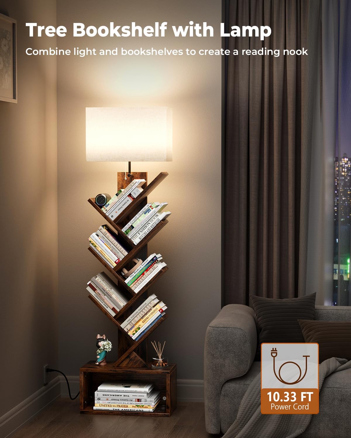 Alternative view of Evermagin 6 Tier Tree Bookshelf with Light, Narrow Bookcase Tower, Tall Floor Standing Book Organizer with Storage Cabinet for Living Room, Bedroom and Home Office, Rustic Brown